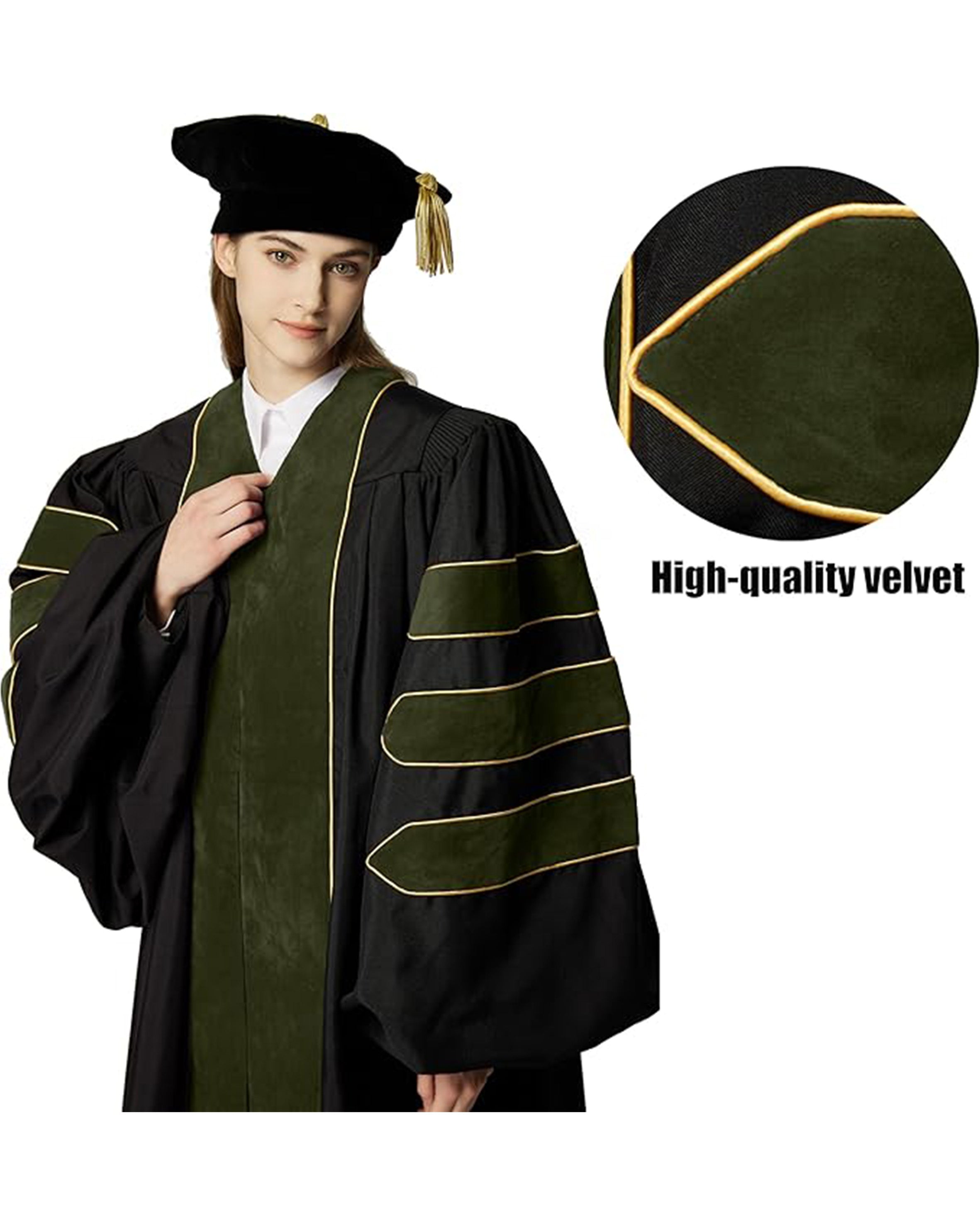 Deluxe Doctoral Graduation Gown with Gold Piping and Doctoral Tam Package (Forest Green Velvet)