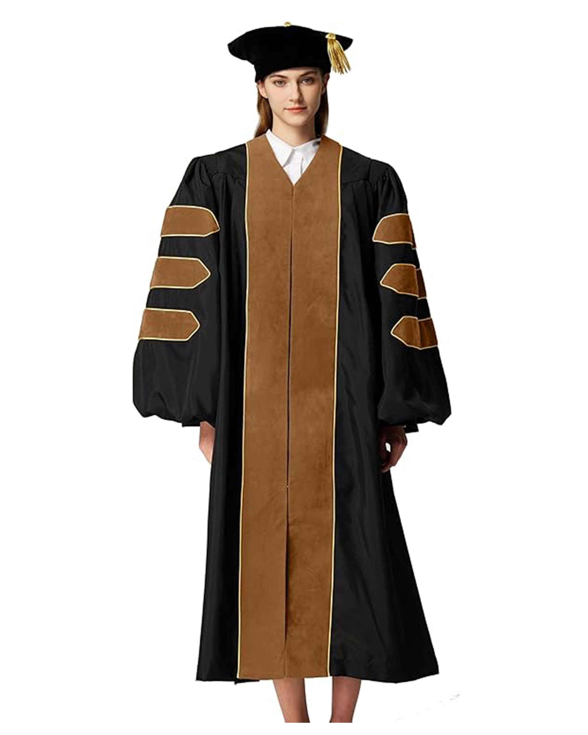 Deluxe Doctoral Graduation Gown with Gold Piping and Doctoral Tam Package (Drab Velvet)