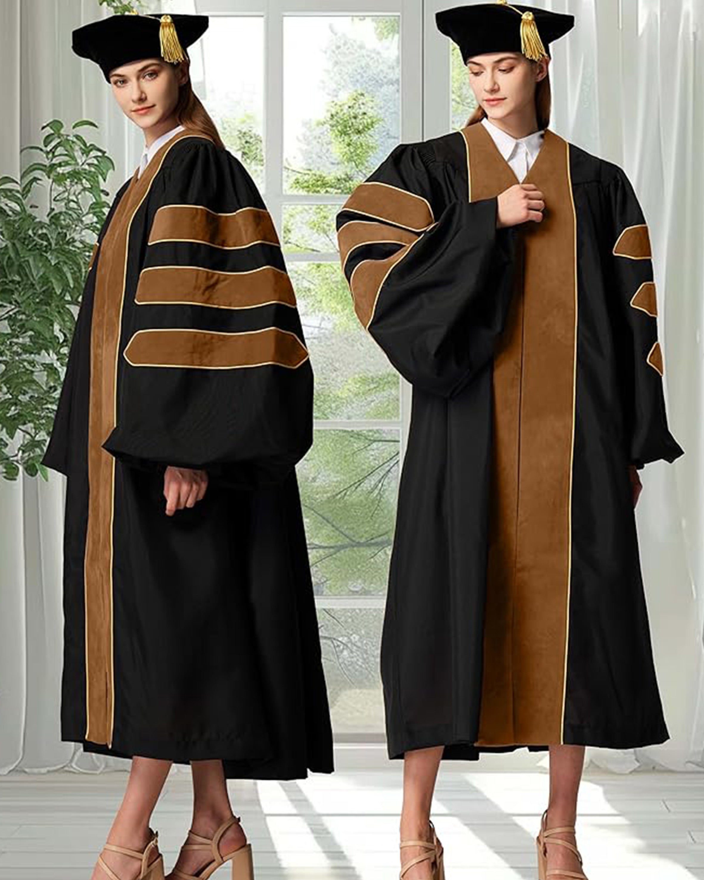 Deluxe Doctoral Graduation Gown with Gold Piping and Doctoral Tam Package (Drab Velvet)
