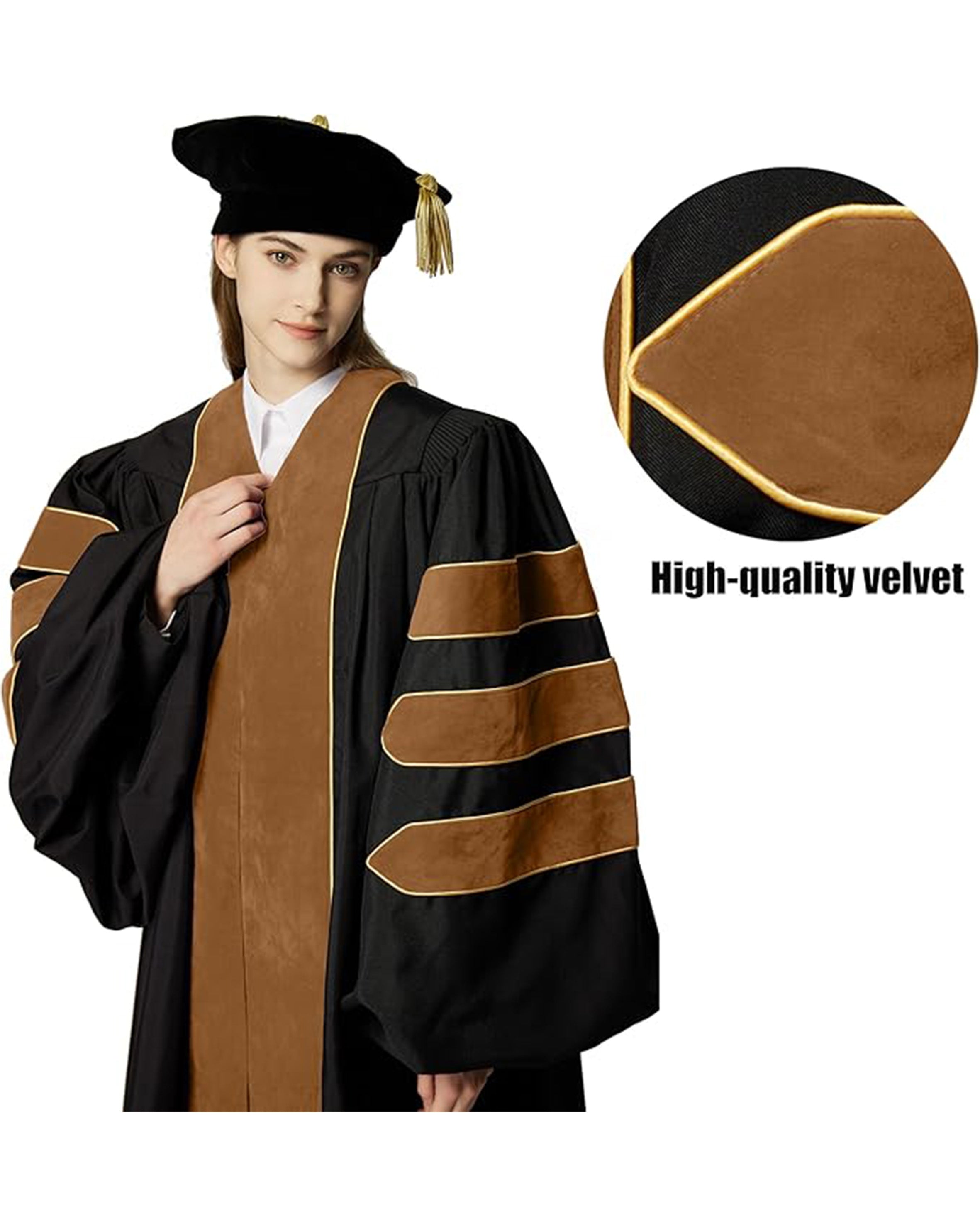 Deluxe Doctoral Graduation Gown with Gold Piping and Doctoral Tam Package (Drab Velvet)