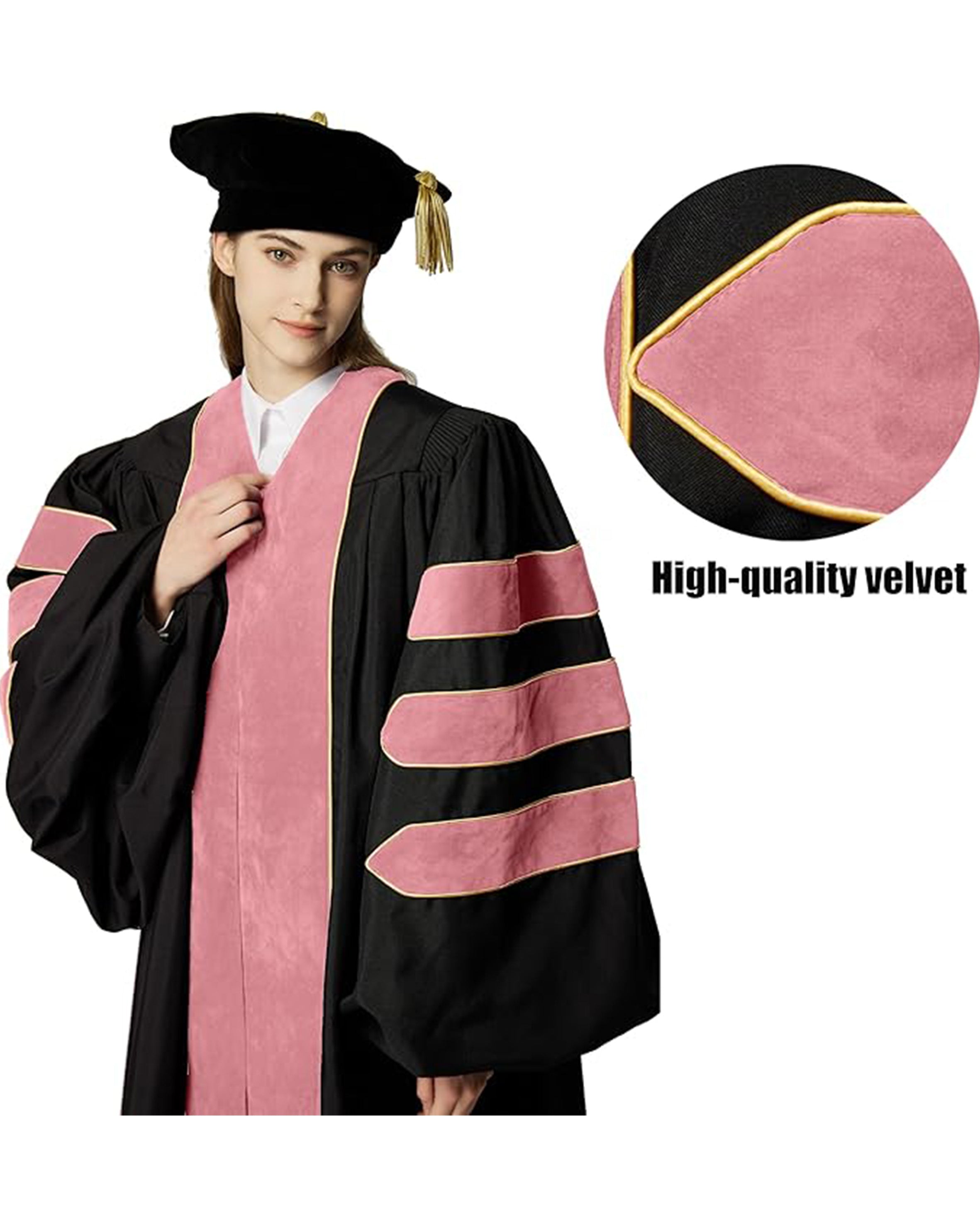 Deluxe Doctoral Graduation Gown with Gold Piping and Doctoral Tam Package (Pink Velvet)
