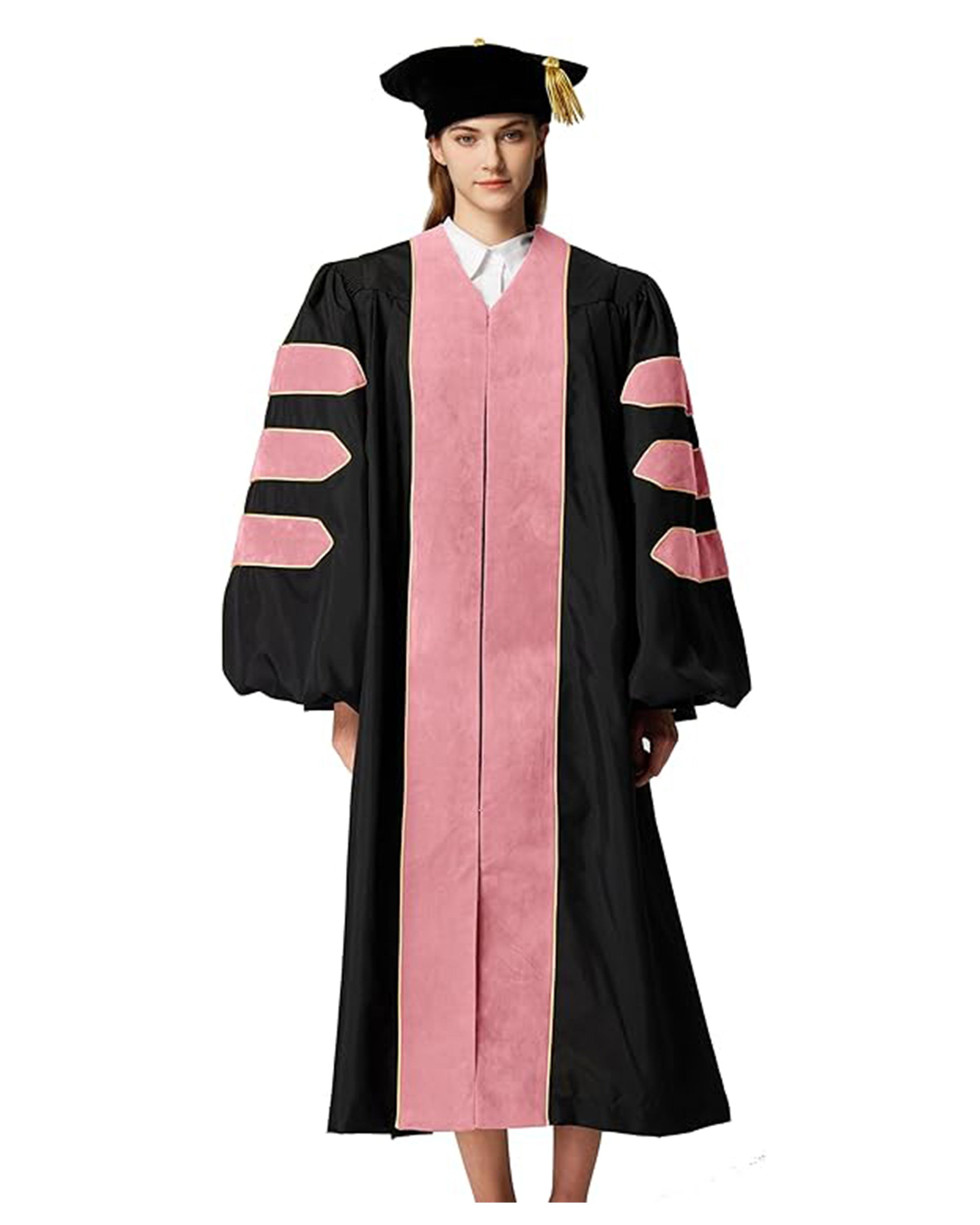 Deluxe Doctoral Graduation Gown with Gold Piping and Doctoral Tam Package (Pink Velvet)