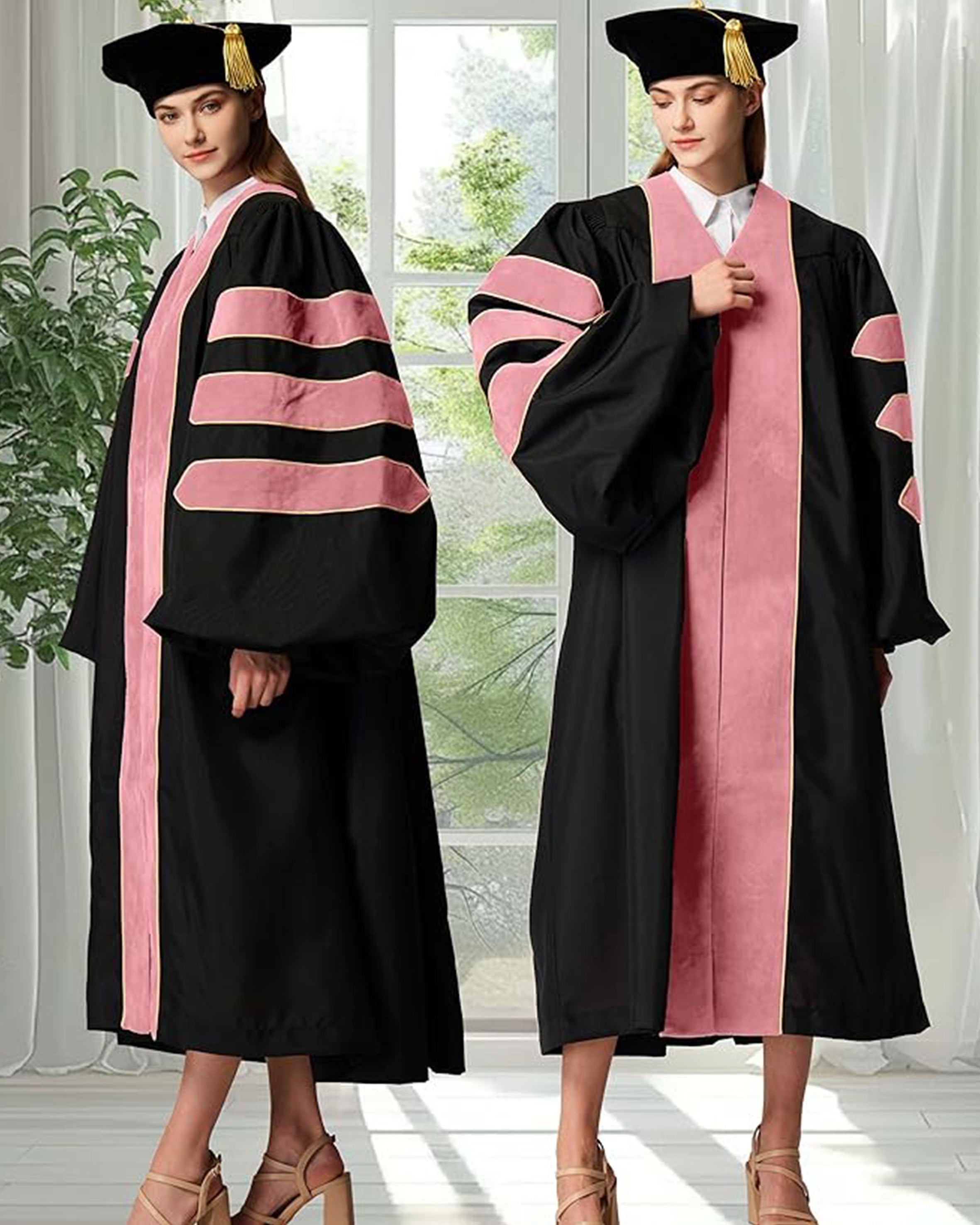 Deluxe Doctoral Graduation Gown with Gold Piping and Doctoral Tam Package (Pink Velvet)