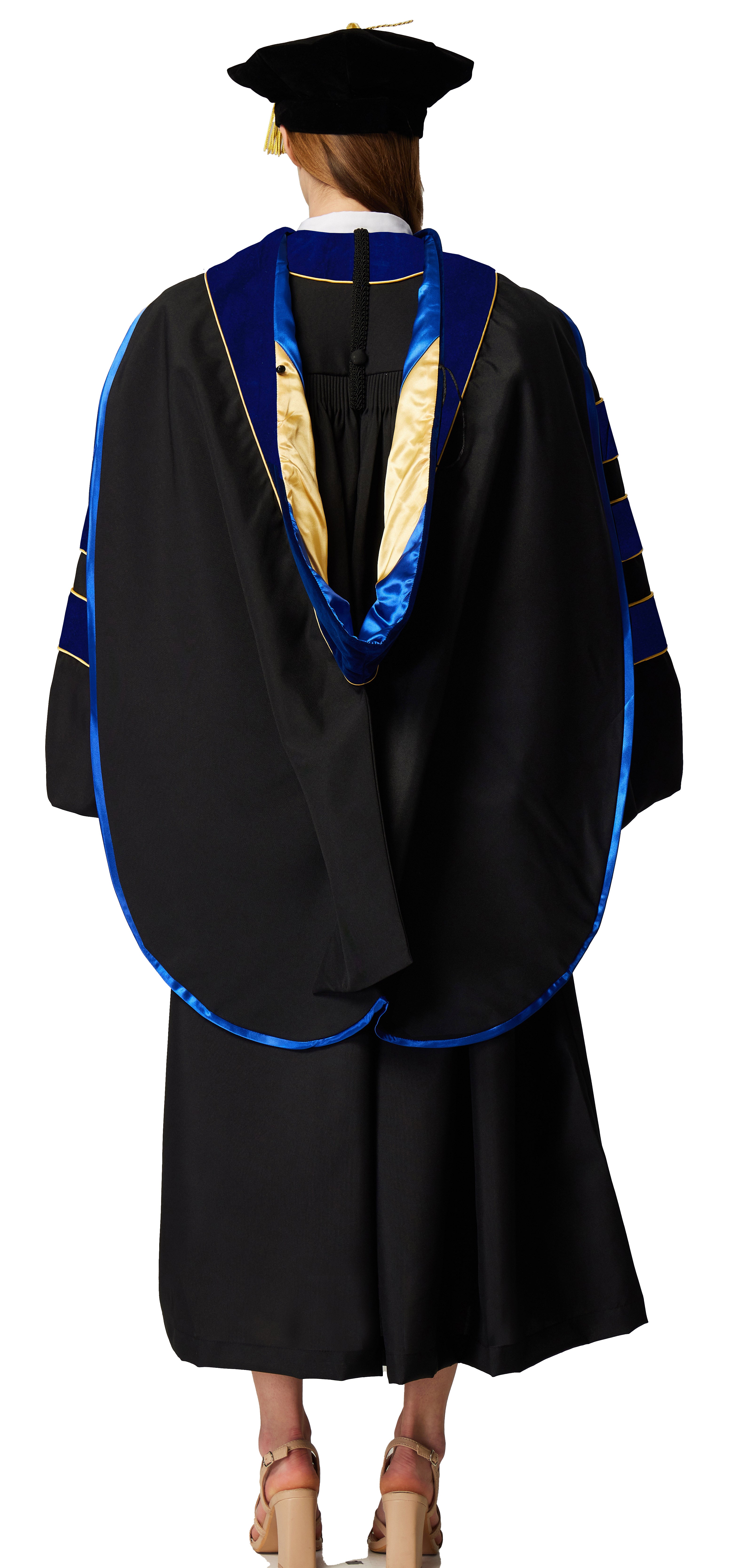 Deluxe Doctoral Graduation Gown with Gold Piping Plus Doctoral Tam and Doctoral Hood  Package