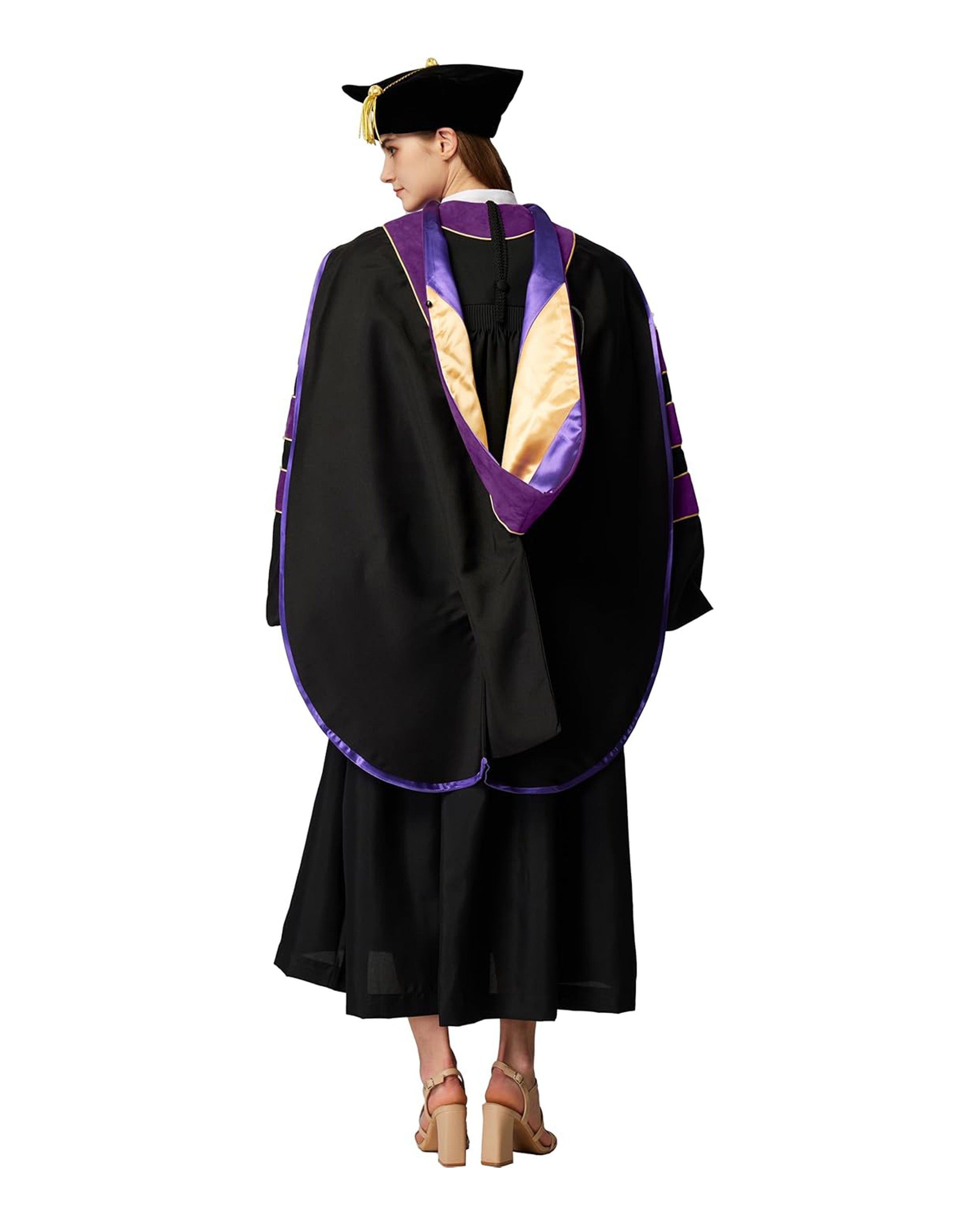Deluxe Doctoral Graduation Gown with Gold Piping Plus Doctoral Tam and Doctoral Hood  Package