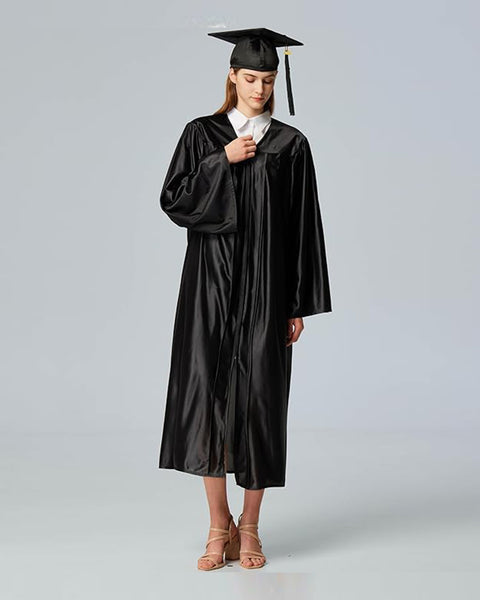 Unisex  Shiny Graduation Cap & Gown with Tassel 2025 Year Charm Rich Color（Black）