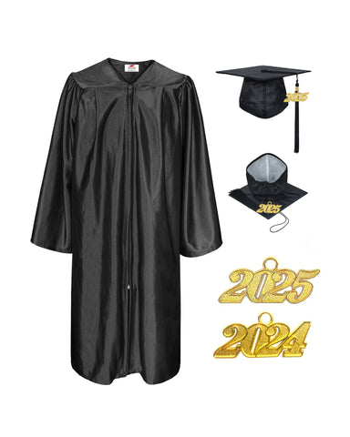Unisex  Shiny Graduation Cap & Gown with Tassel 2025 Year Charm Rich Color（Black）