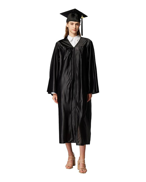 Unisex  Shiny Graduation Cap & Gown with Tassel 2025 Year Charm Rich Color（Black）