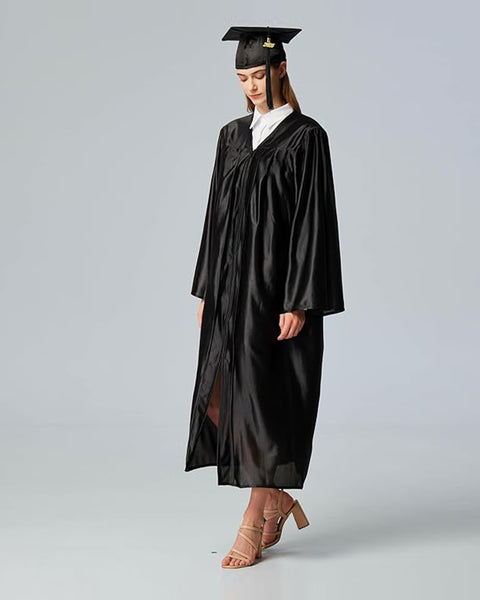 Unisex  Shiny Graduation Cap & Gown with Tassel 2025 Year Charm Rich Color（Black）