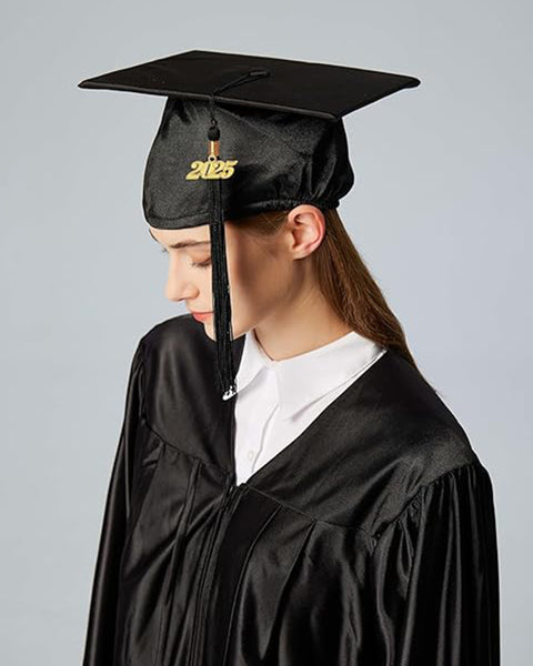 Unisex  Shiny Graduation Cap & Gown with Tassel 2025 Year Charm Rich Color（Black）