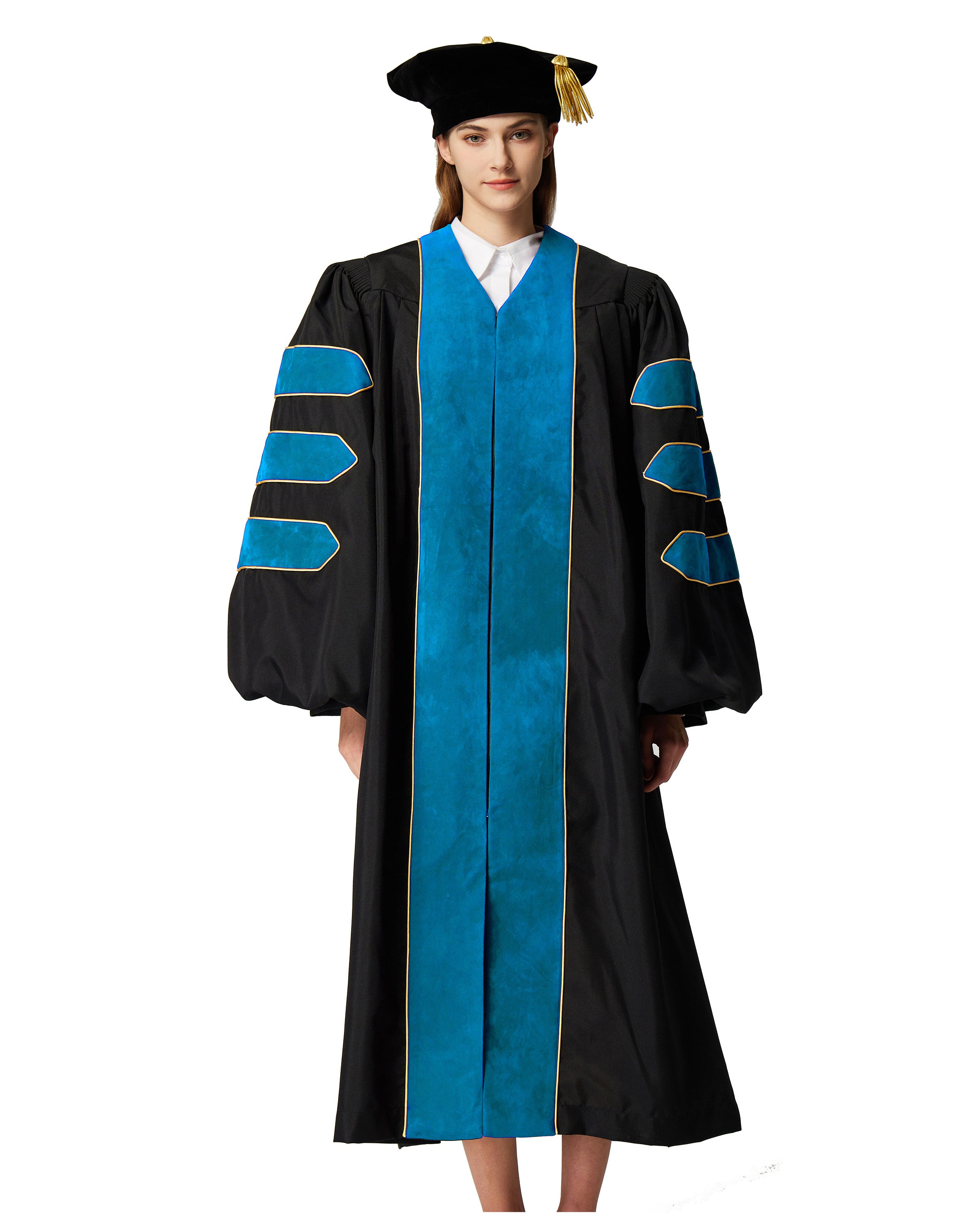 Deluxe Doctoral Graduation Gown with Gold Piping and Doctoral Tam Package (Peacock Blue Velvet)