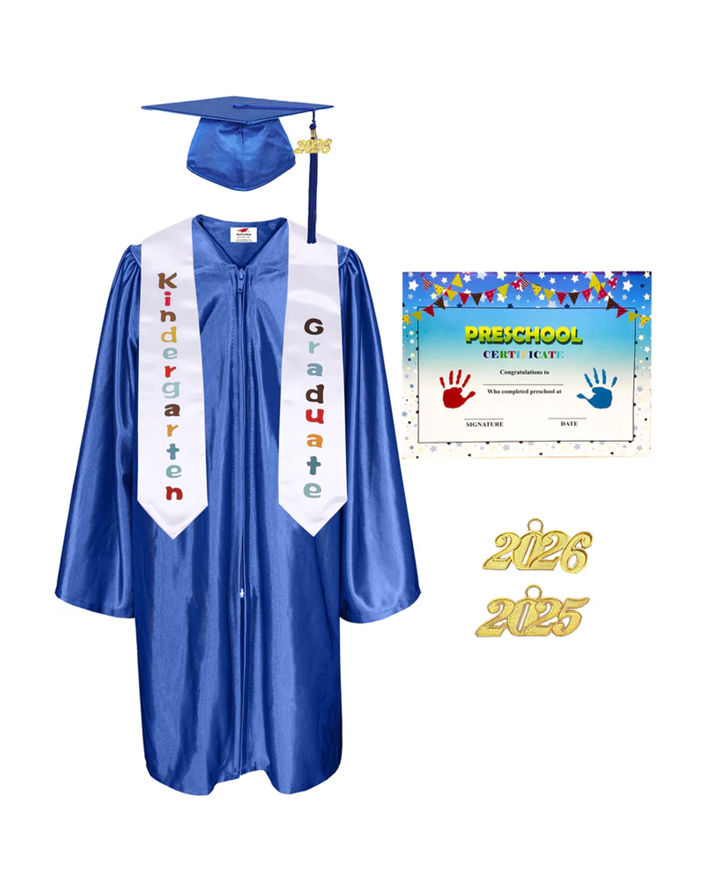 MyGradDay Kindergarten Graduation Cap Gown Stole Package with 2026 Tassel, Certificate