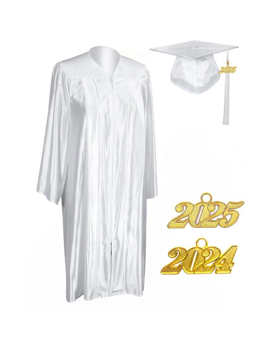 Unisex  Shiny Graduation Cap & Gown with Tassel 2025 Year Charm Rich Color（White）