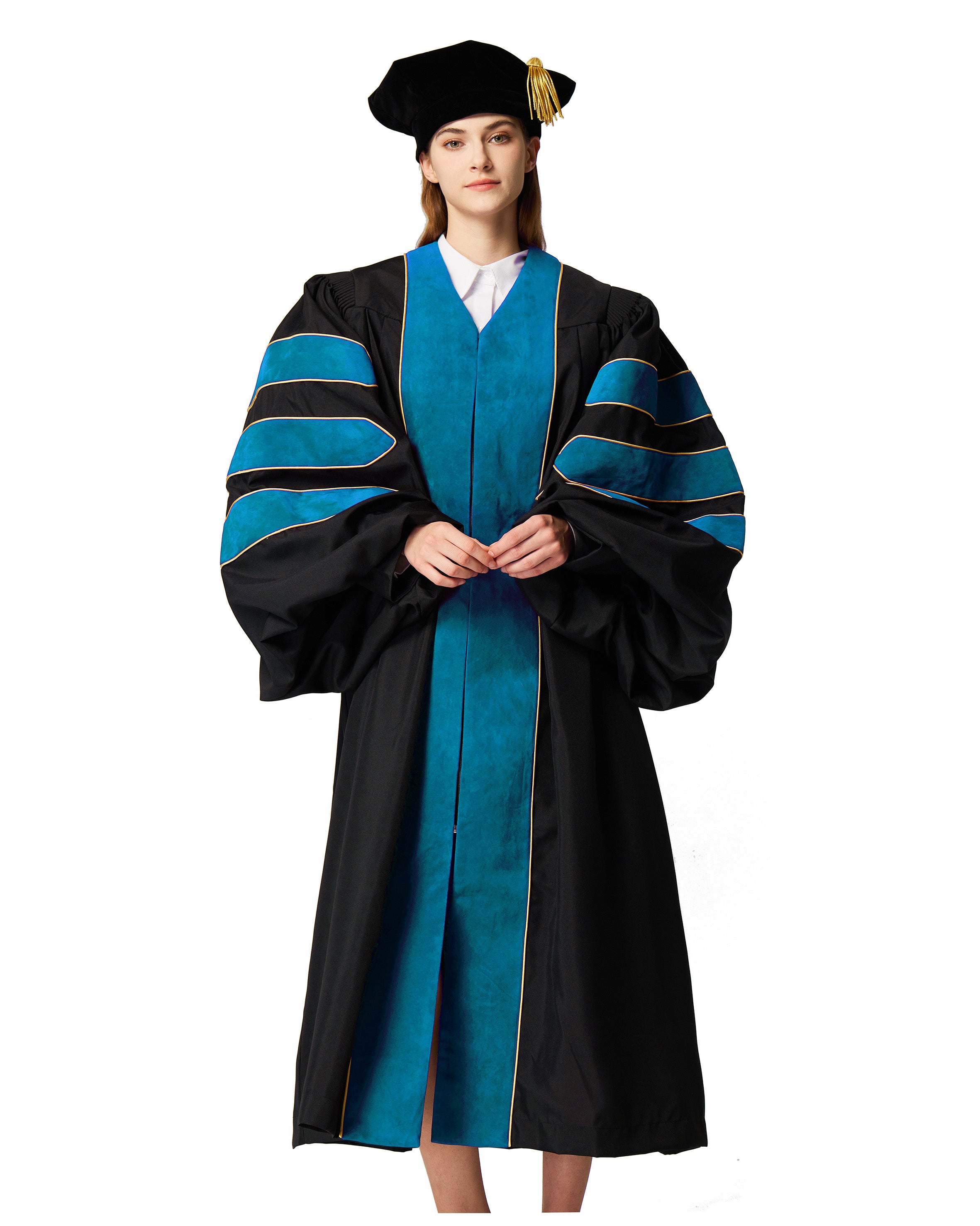 Deluxe Doctoral Graduation Gown with Gold Piping and Doctoral Tam Package (Peacock Blue Velvet)