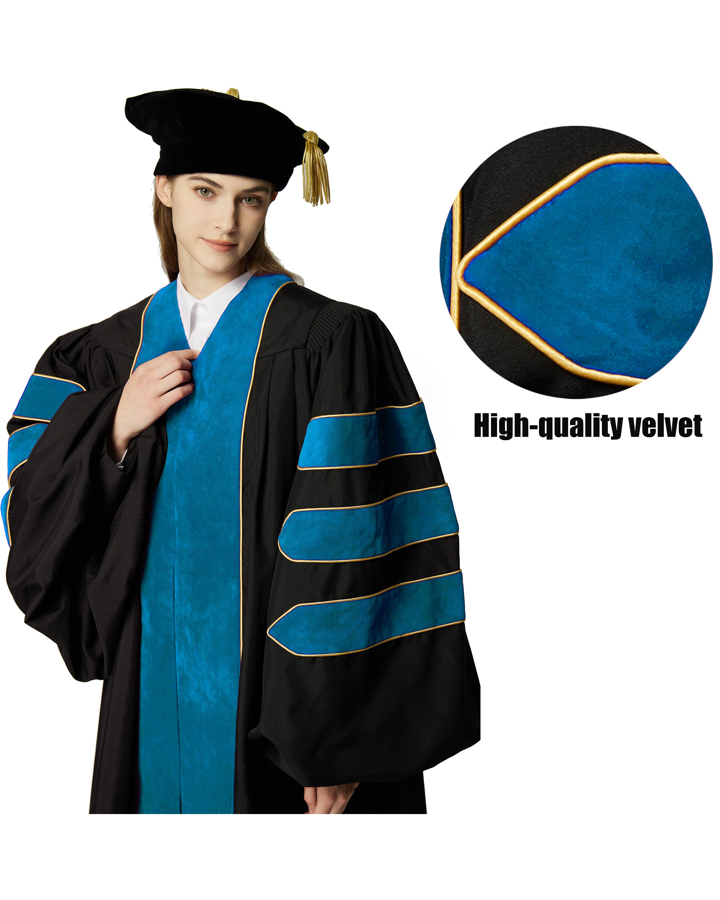Deluxe Doctoral Graduation Gown with Gold Piping and Doctoral Tam Package (Peacock Blue Velvet)