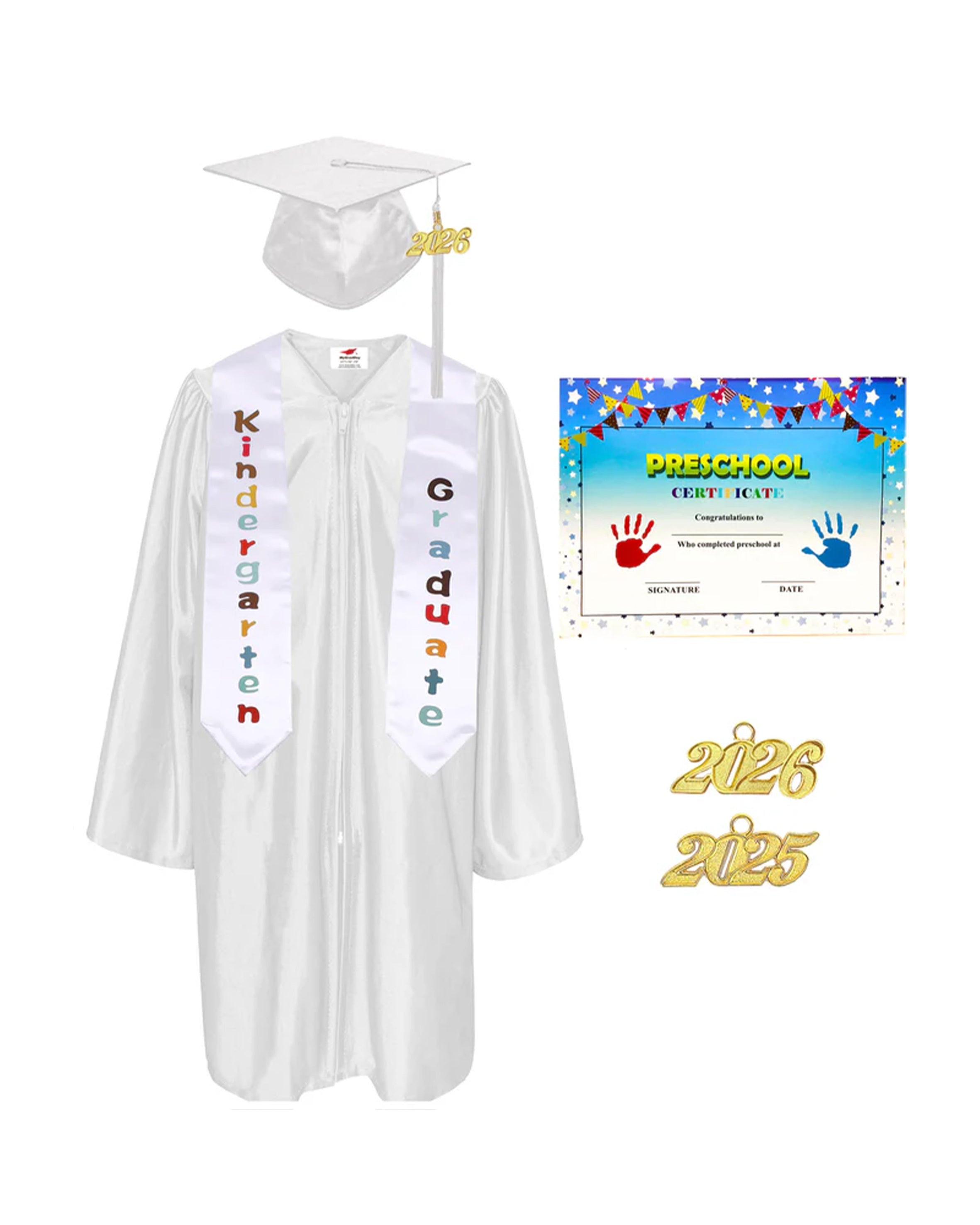 MyGradDay Kindergarten Graduation Cap Gown Stole Package with 2026 Tassel, Certificate