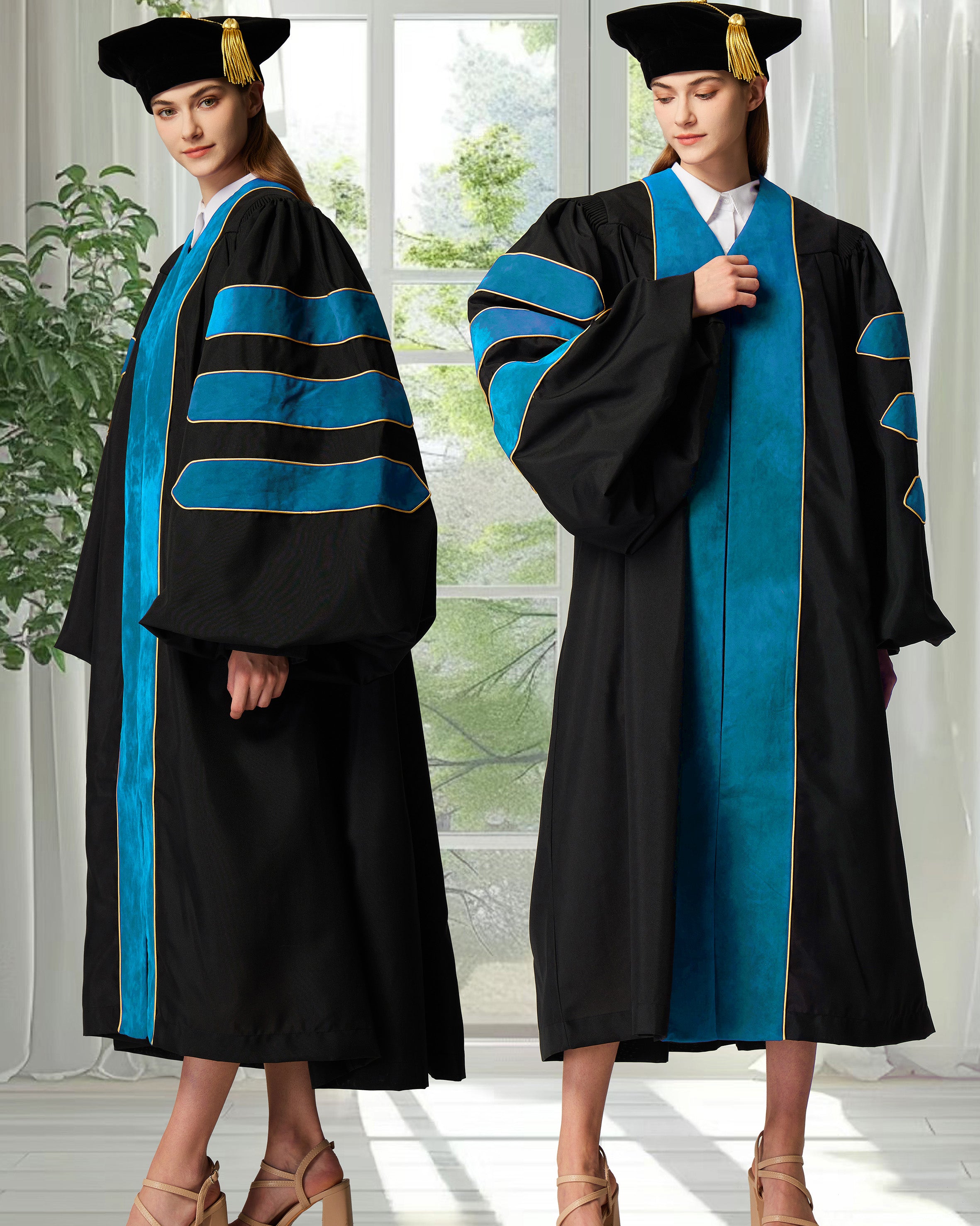 Deluxe Doctoral Graduation Gown with Gold Piping and Doctoral Tam Package (Peacock Blue Velvet)
