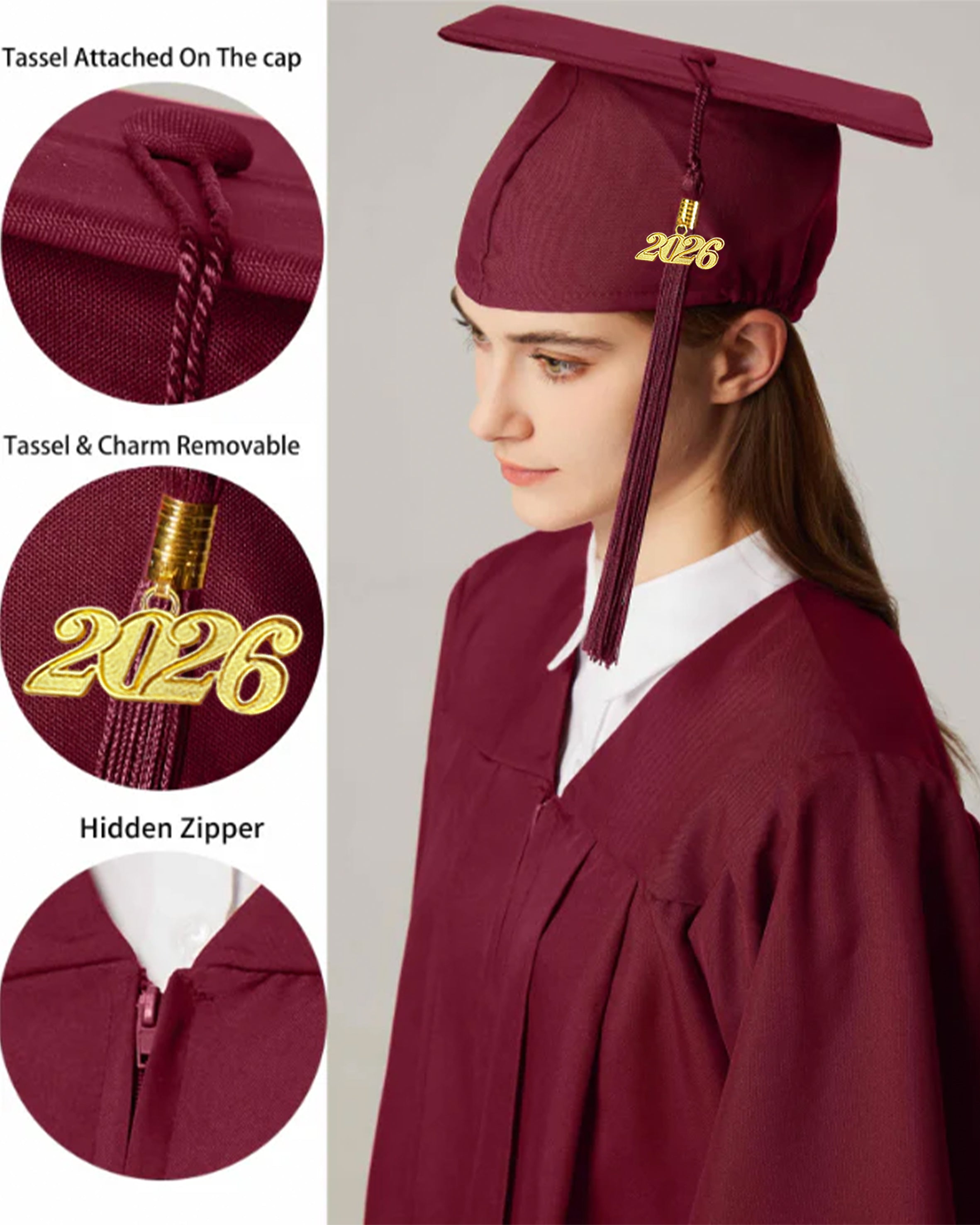 Unisex Matte Graduation Cap & Gown with Tassel 2026 Year Charm ( Rich Color )