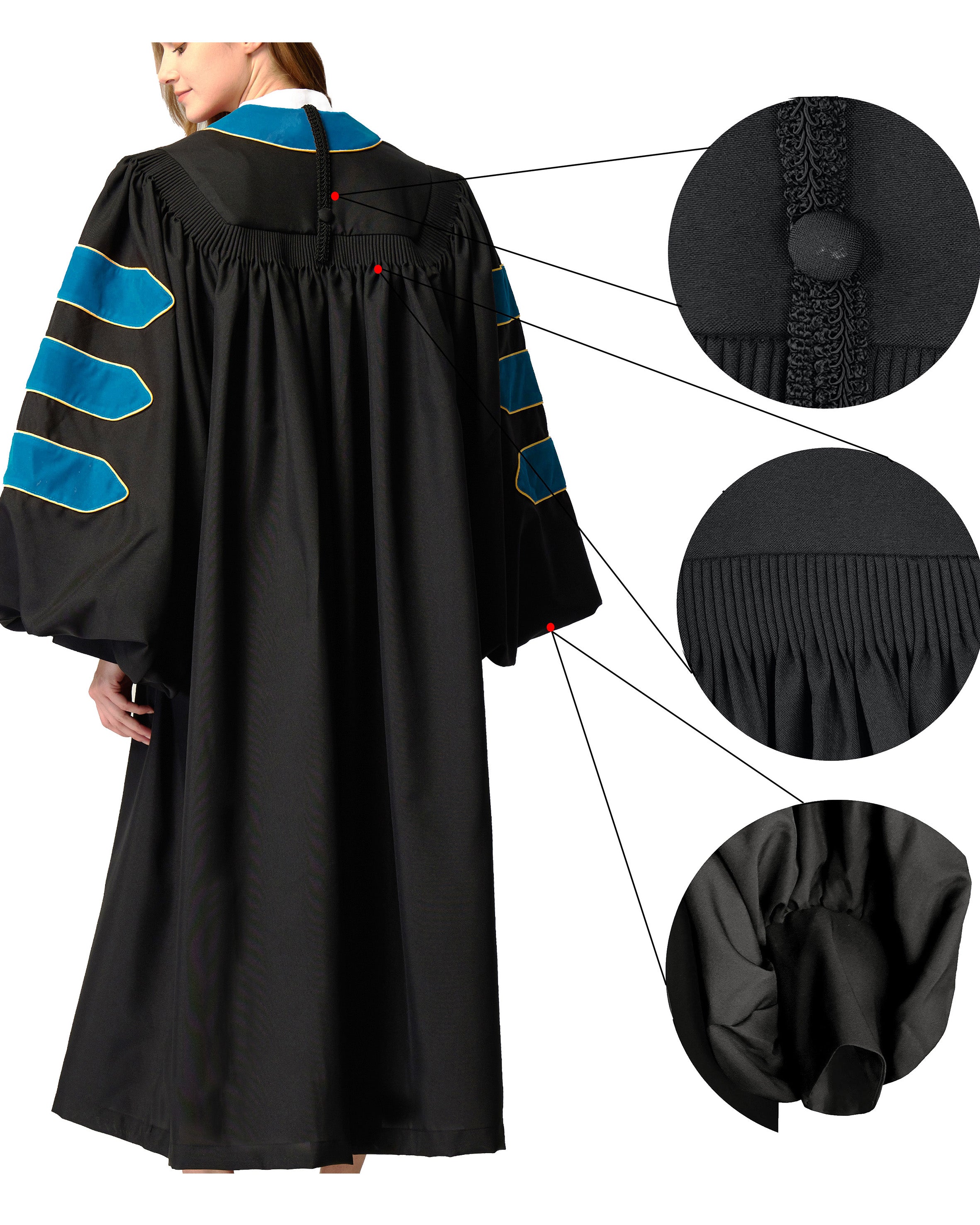 Deluxe Doctoral Graduation Gown with Gold Piping and Doctoral Tam Package (Peacock Blue Velvet)
