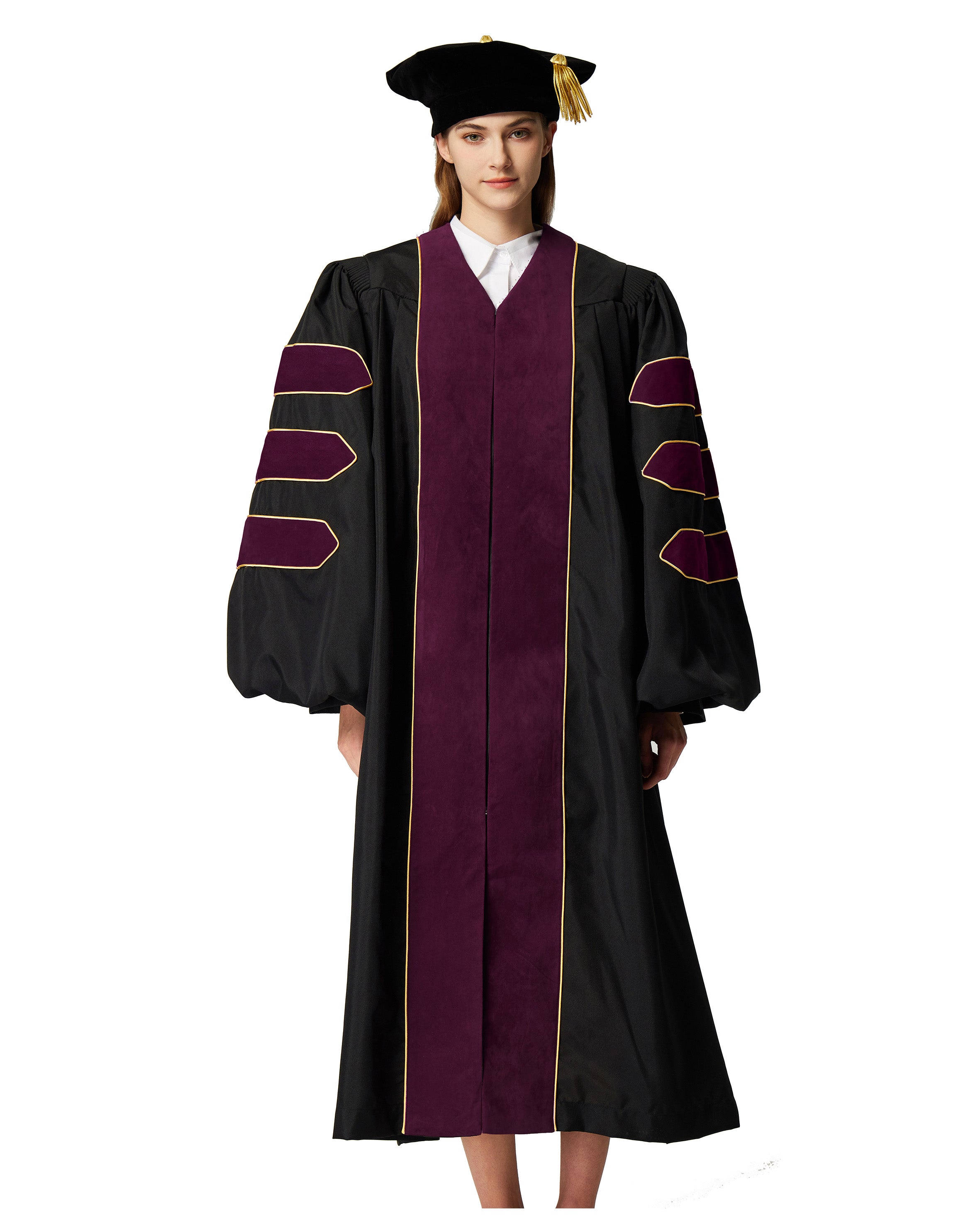 Deluxe Doctoral Graduation Gown with Gold Piping and Doctoral Tam Package (Deep Claret Velvet)