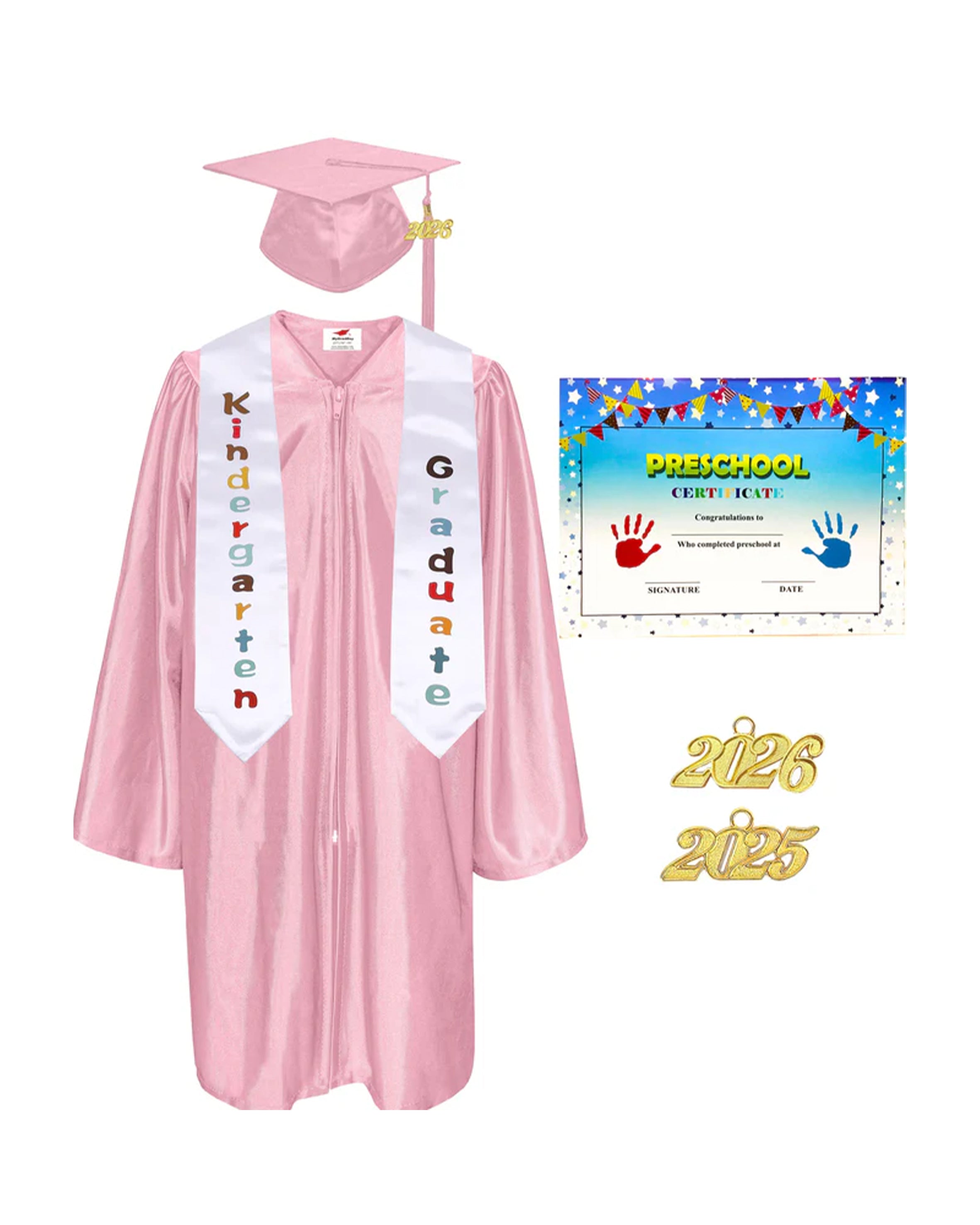 MyGradDay Kindergarten Graduation Cap Gown Stole Package with 2026 Tassel, Certificate