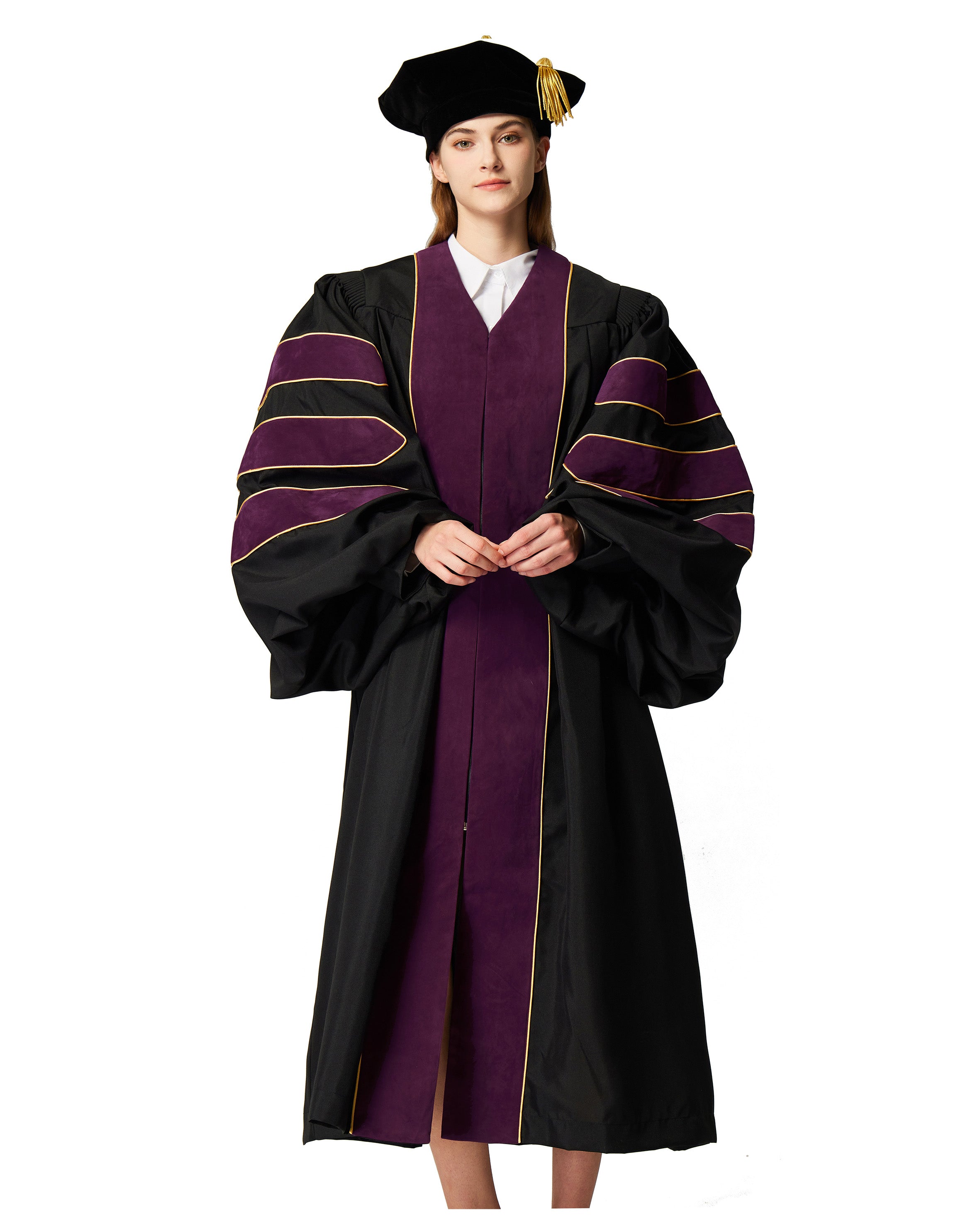 Deluxe Doctoral Graduation Gown with Gold Piping and Doctoral Tam Package (Deep Claret Velvet)