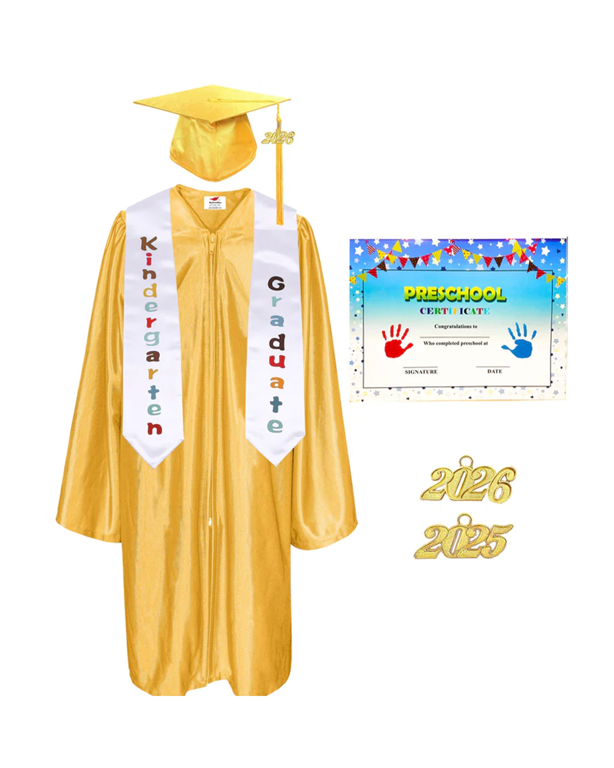 MyGradDay Kindergarten Graduation Cap Gown Stole Package with 2026 Tassel, Certificate