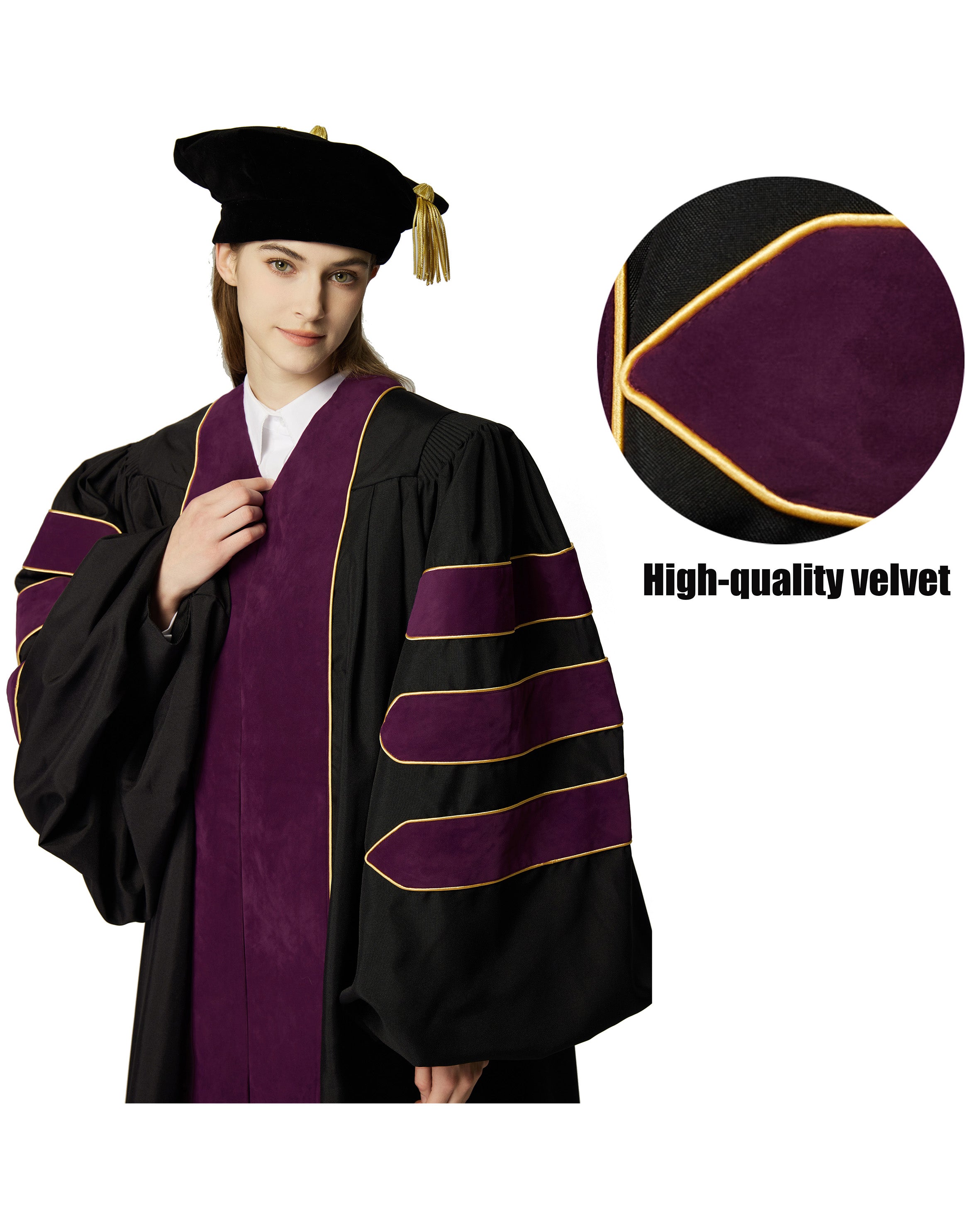 Deluxe Doctoral Graduation Gown with Gold Piping and Doctoral Tam Package (Deep Claret Velvet)
