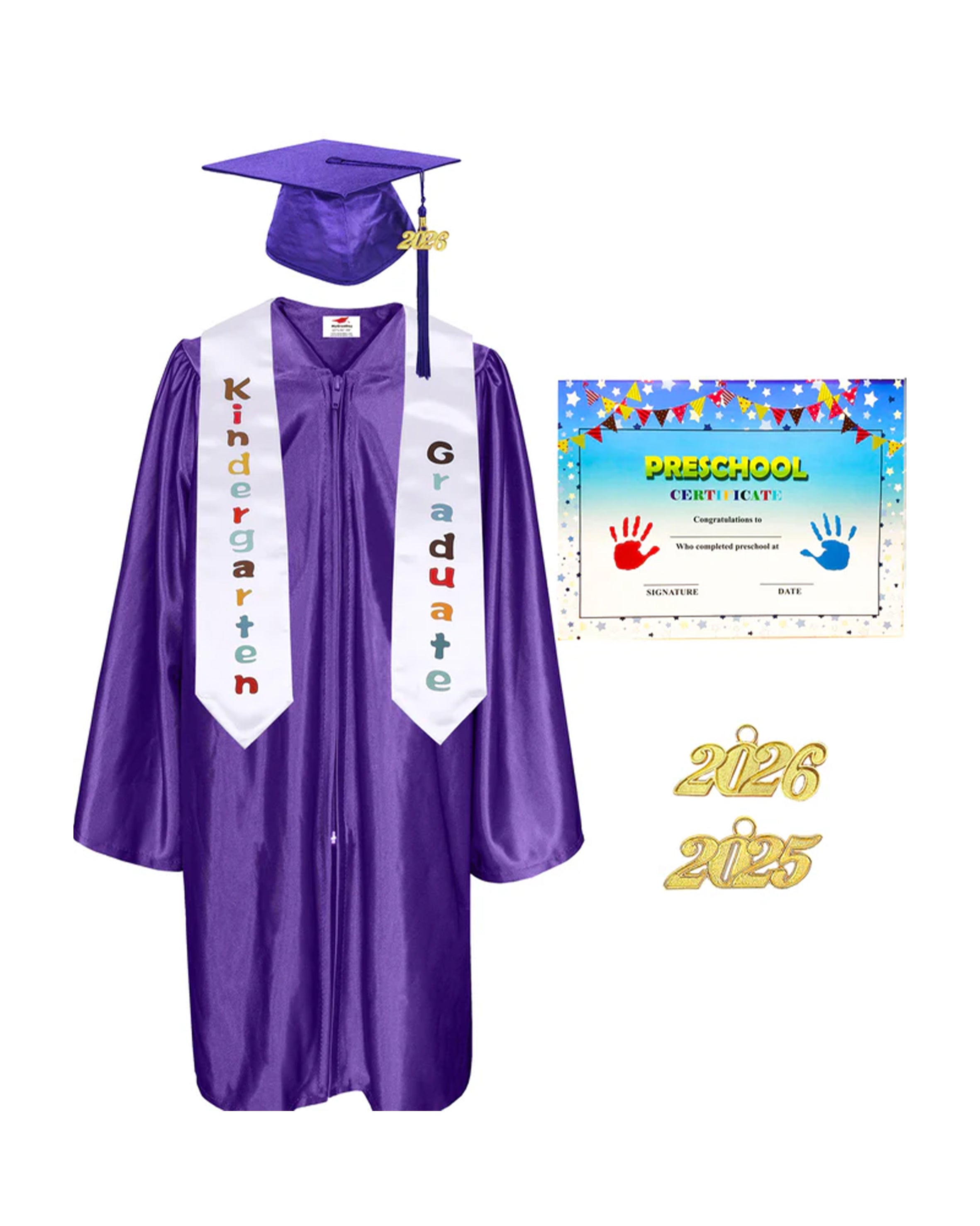 MyGradDay Kindergarten Graduation Cap Gown Stole Package with 2026 Tassel, Certificate