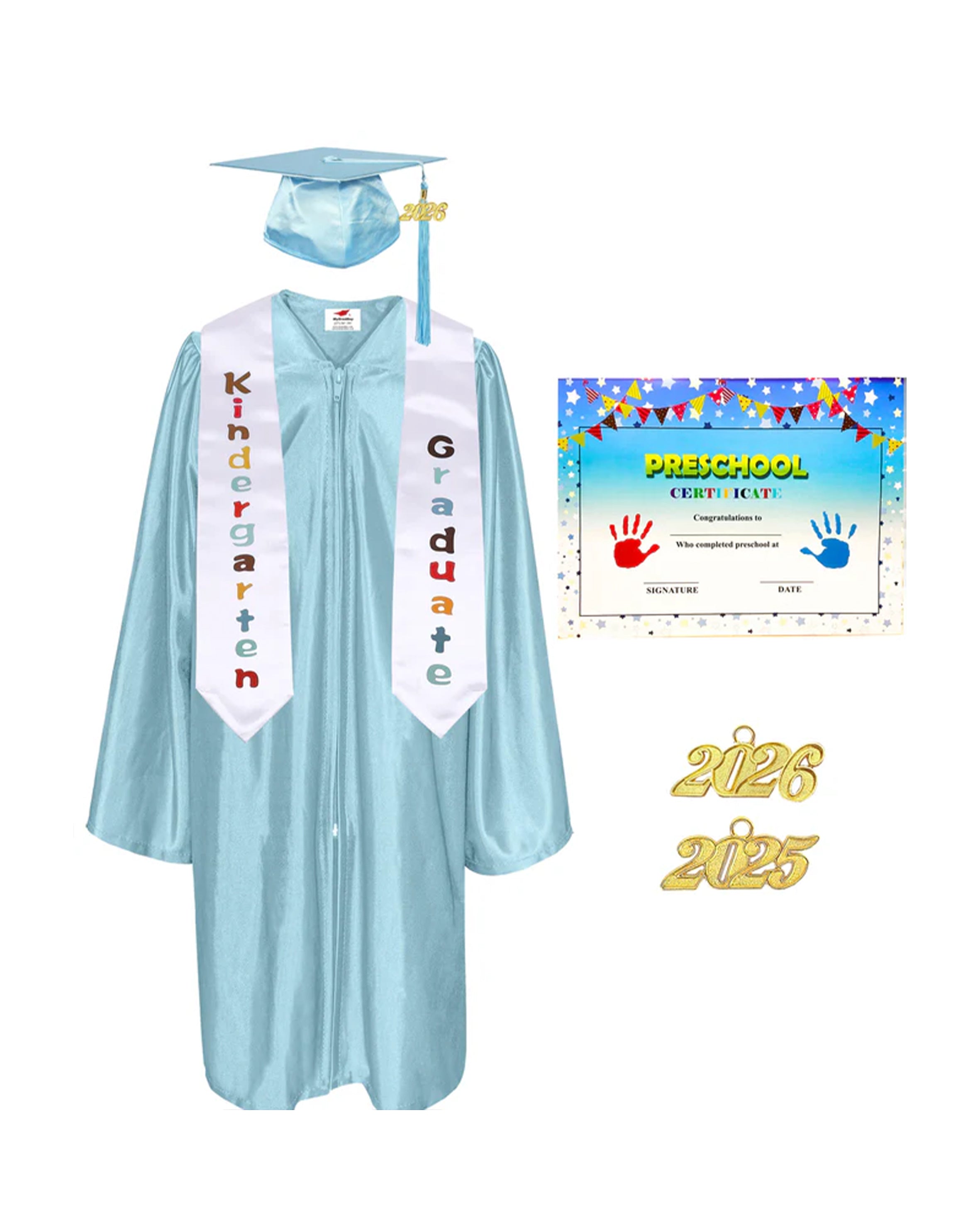 MyGradDay Kindergarten Graduation Cap Gown Stole Package with 2026 Tassel, Certificate