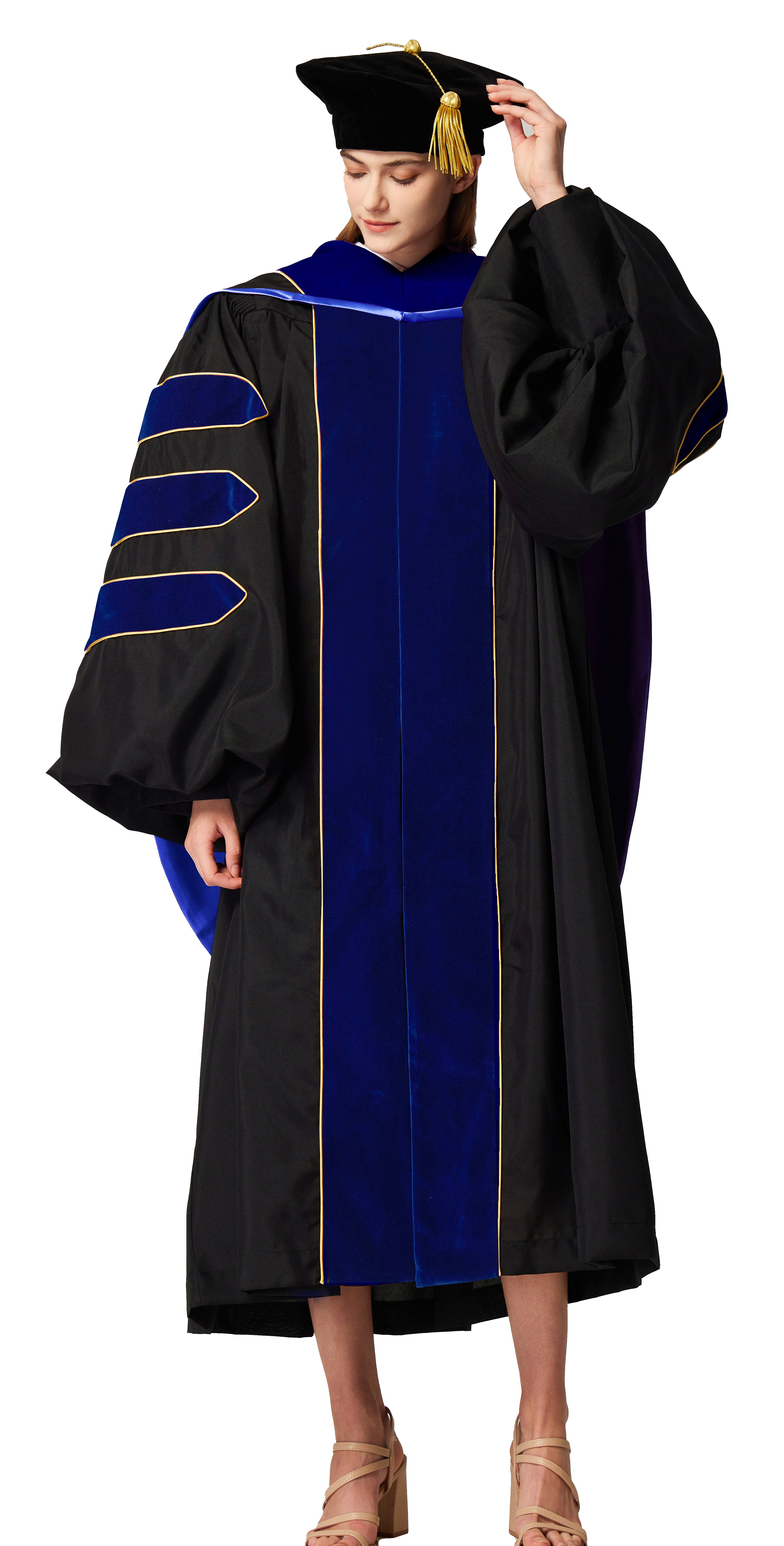 Deluxe Doctoral Graduation Gown with Gold Piping Plus Doctoral Tam and Doctoral Hood  Package