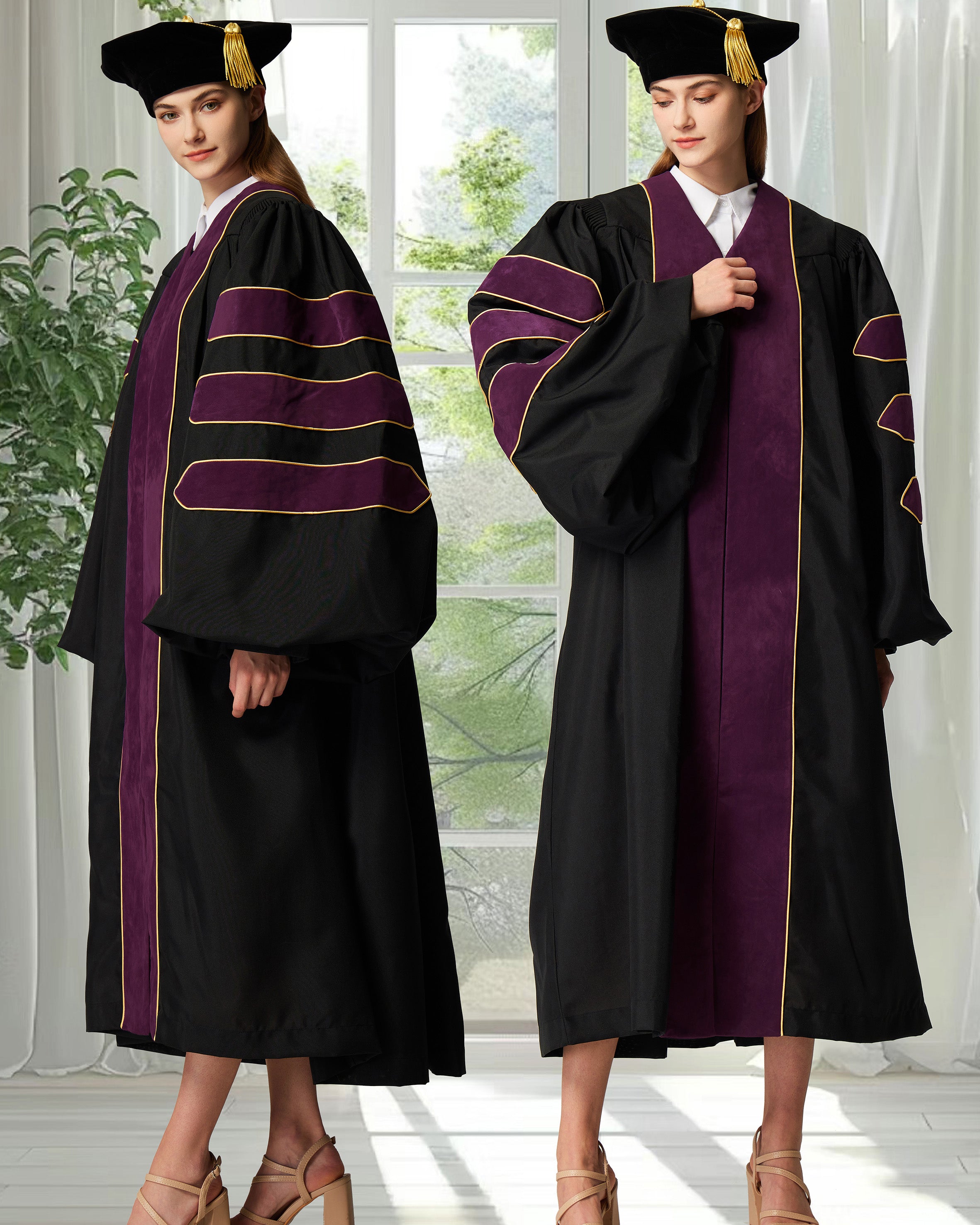 Deluxe Doctoral Graduation Gown with Gold Piping and Doctoral Tam Package (Deep Claret Velvet)