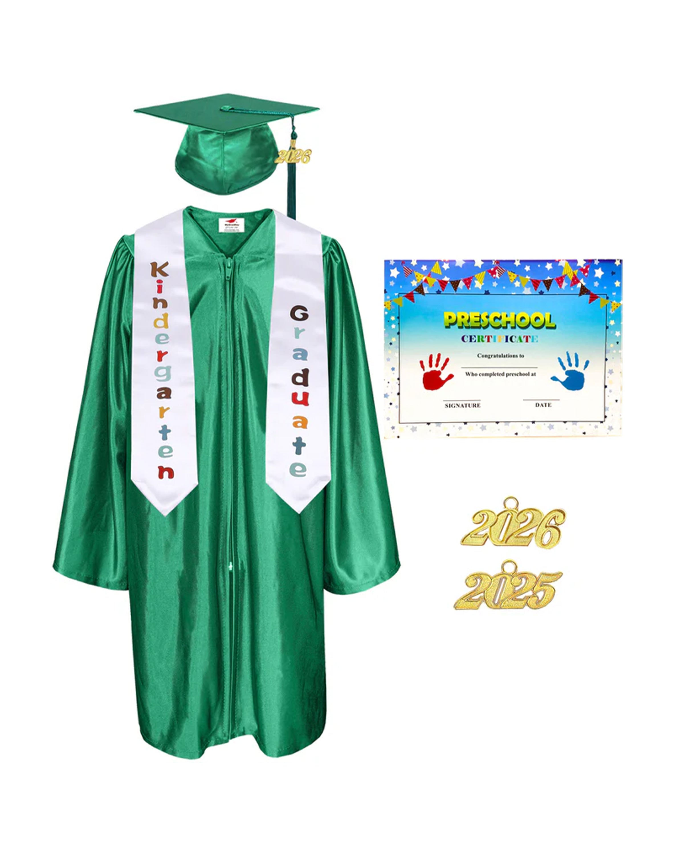 MyGradDay Kindergarten Graduation Cap Gown Stole Package with 2026 Tassel, Certificate