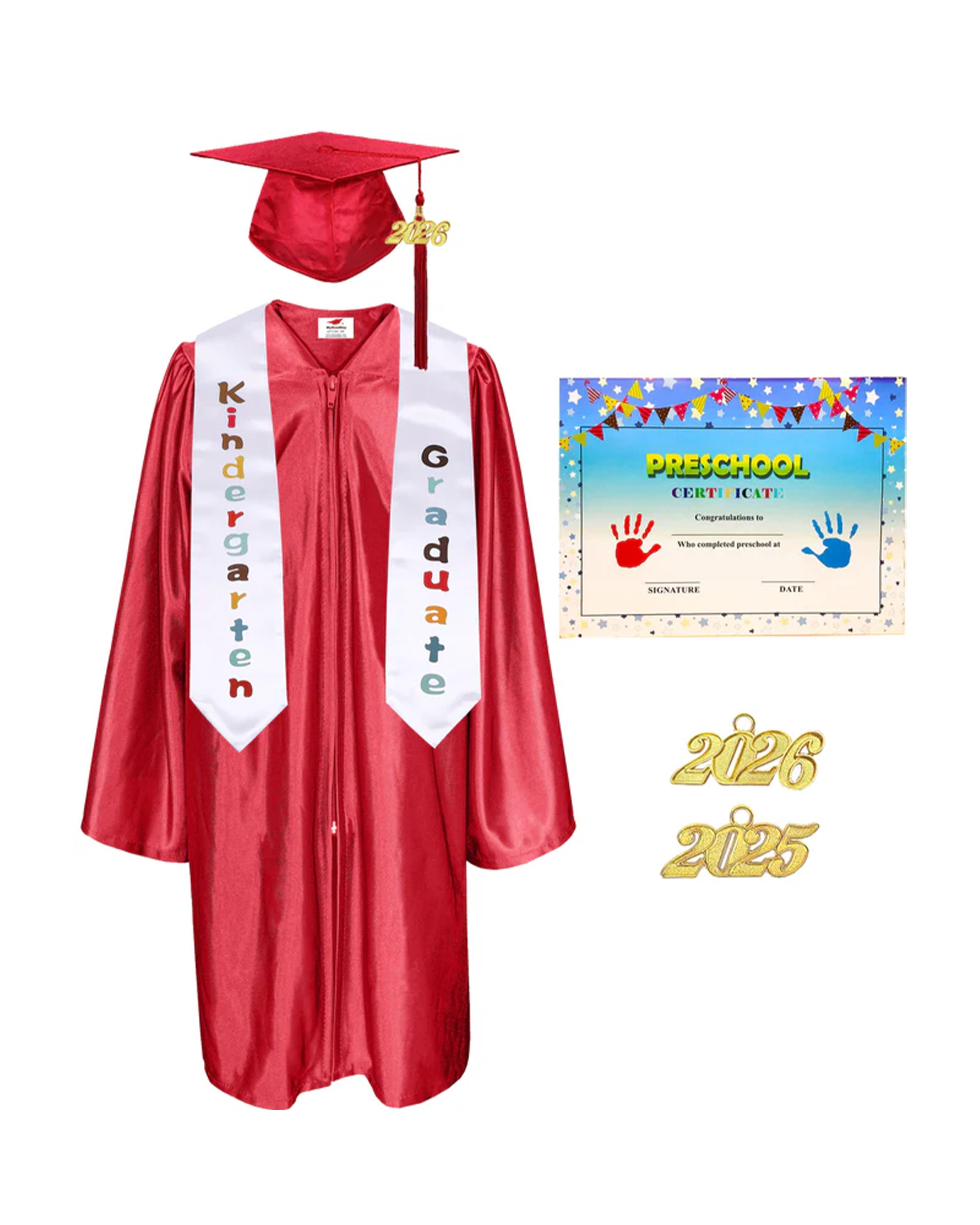 MyGradDay Kindergarten Graduation Cap Gown Stole Package with 2026 Tassel, Certificate