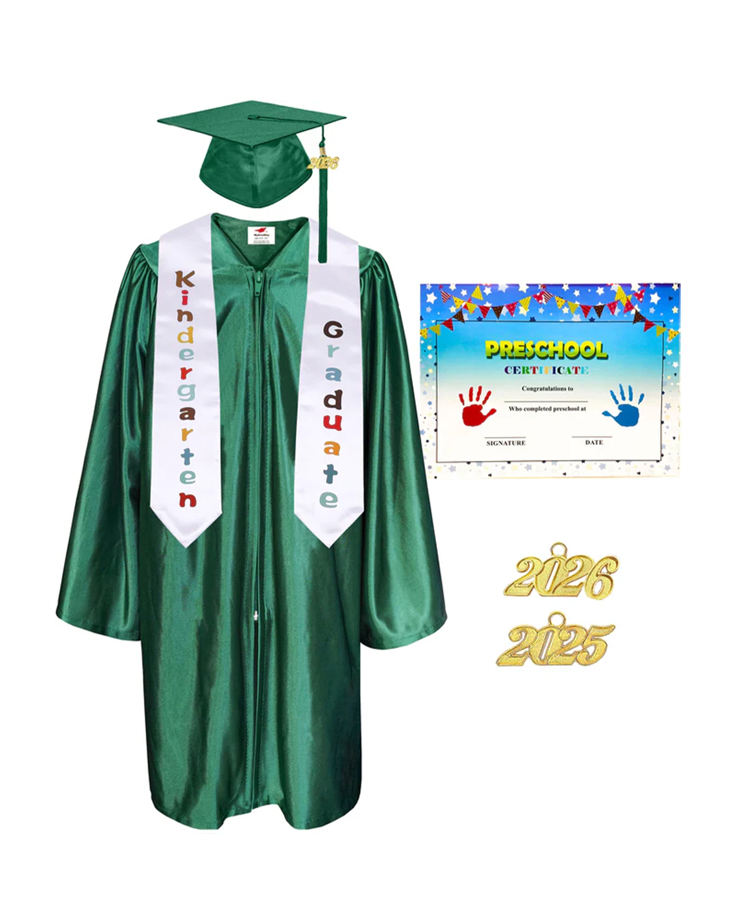 MyGradDay Kindergarten Graduation Cap Gown Stole Package with 2026 Tassel, Certificate
