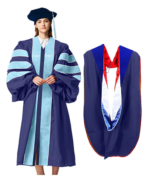 Customized Doctoral Graduation Gown Tam Black-8S & Navy Hood（Royal Blue）