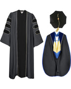 Deluxe Doctoral Graduation Gown with Gold Piping Plus Doctoral Tam and Doctoral Hood  Package