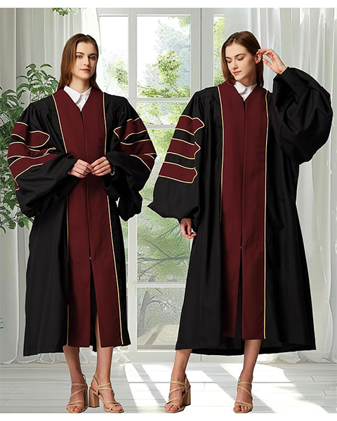 Deluxe Doctoral Graduation Gown|Graduation Regalia|PHD Gown with Gold Piping (Maroon Velvet)