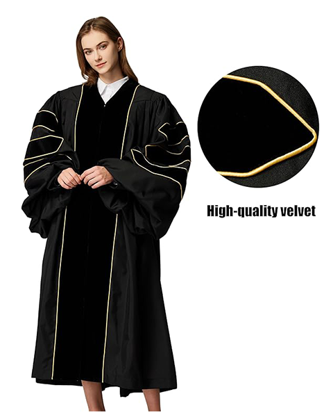 Deluxe Doctoral Graduation Gown|Graduation Regalia|PHD Gown with Gold Piping (Black Velvet)