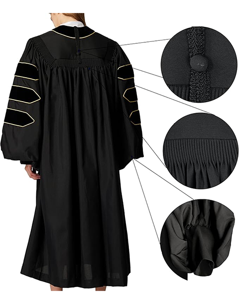 Deluxe Doctoral Graduation Gown|Graduation Regalia|PHD Gown with Gold Piping (Black Velvet)