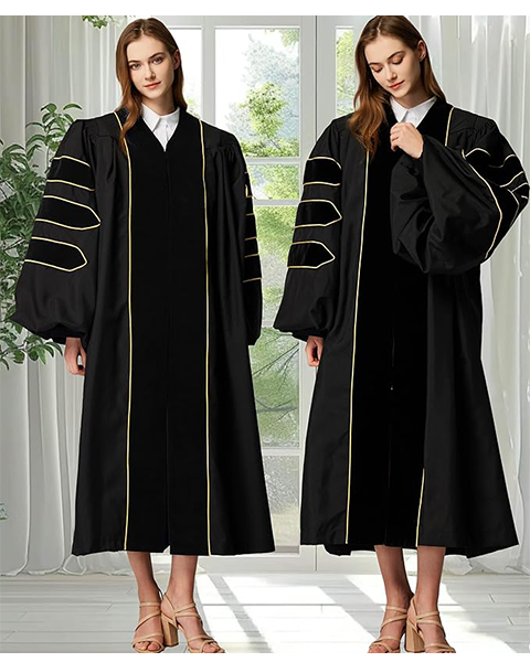 Deluxe Doctoral Graduation Gown|Graduation Regalia|PHD Gown with Gold Piping (Black Velvet)