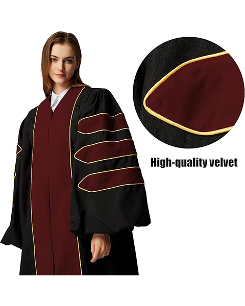 Deluxe Doctoral Graduation Gown|Graduation Regalia|PHD Gown with Gold Piping (Maroon Velvet)