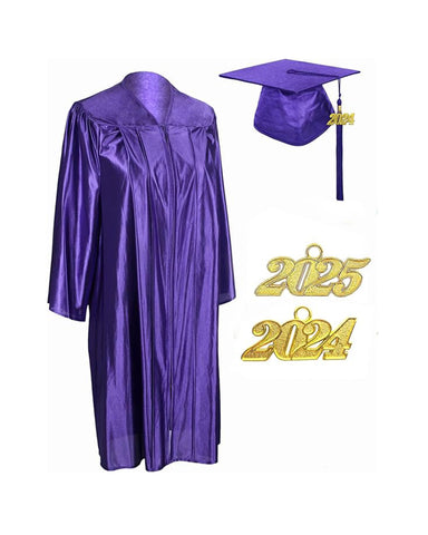 Unisex  Shiny Graduation Cap & Gown with Tassel 2025 Year Charm Rich Color（Purple）