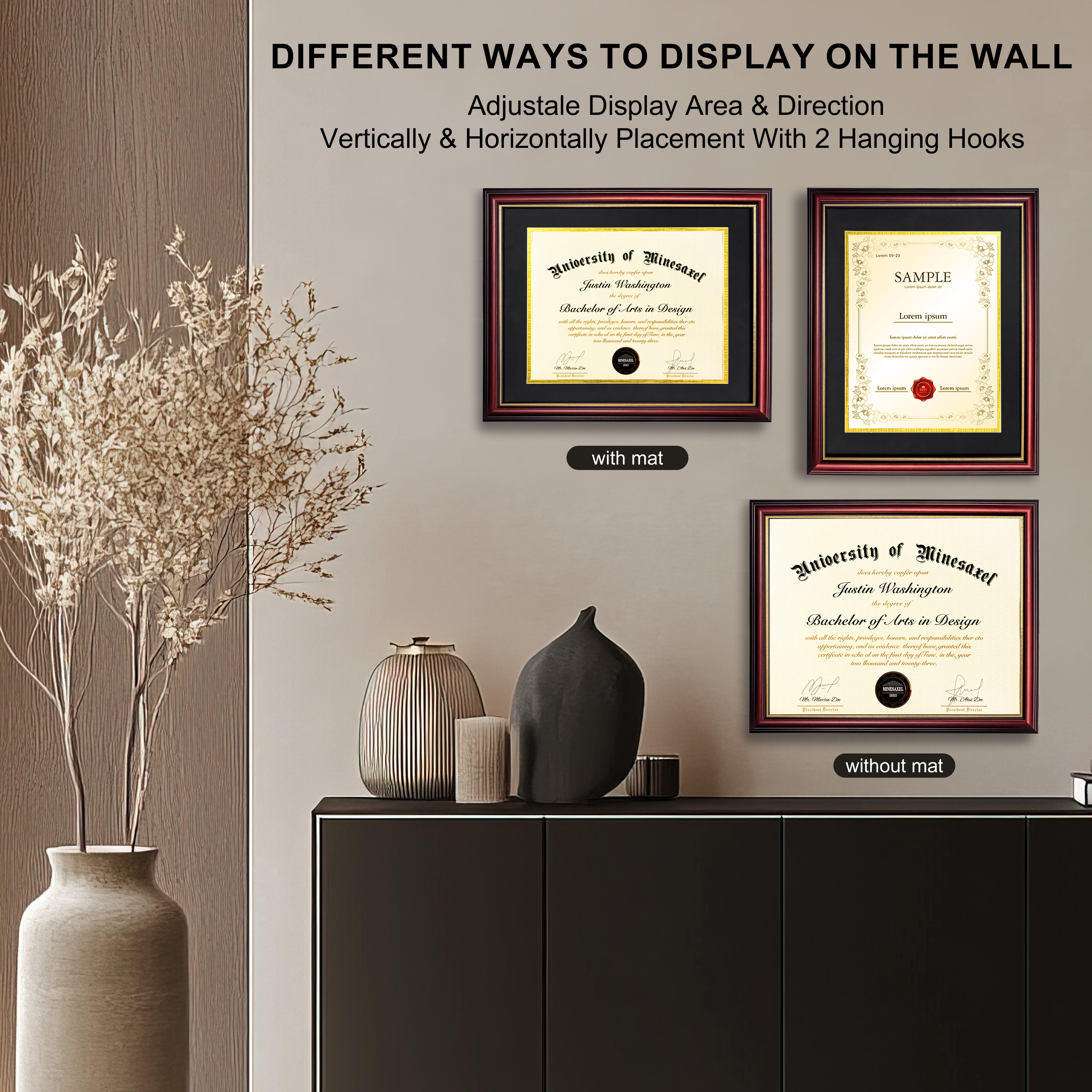 MyGradDay 8.5x11 Diploma Frame with Maroon over Gold Mat or Display 11x14 Document without Mat,Solid Wood & UV Protection Acrylic,Mahogany Degree Certificate Frame