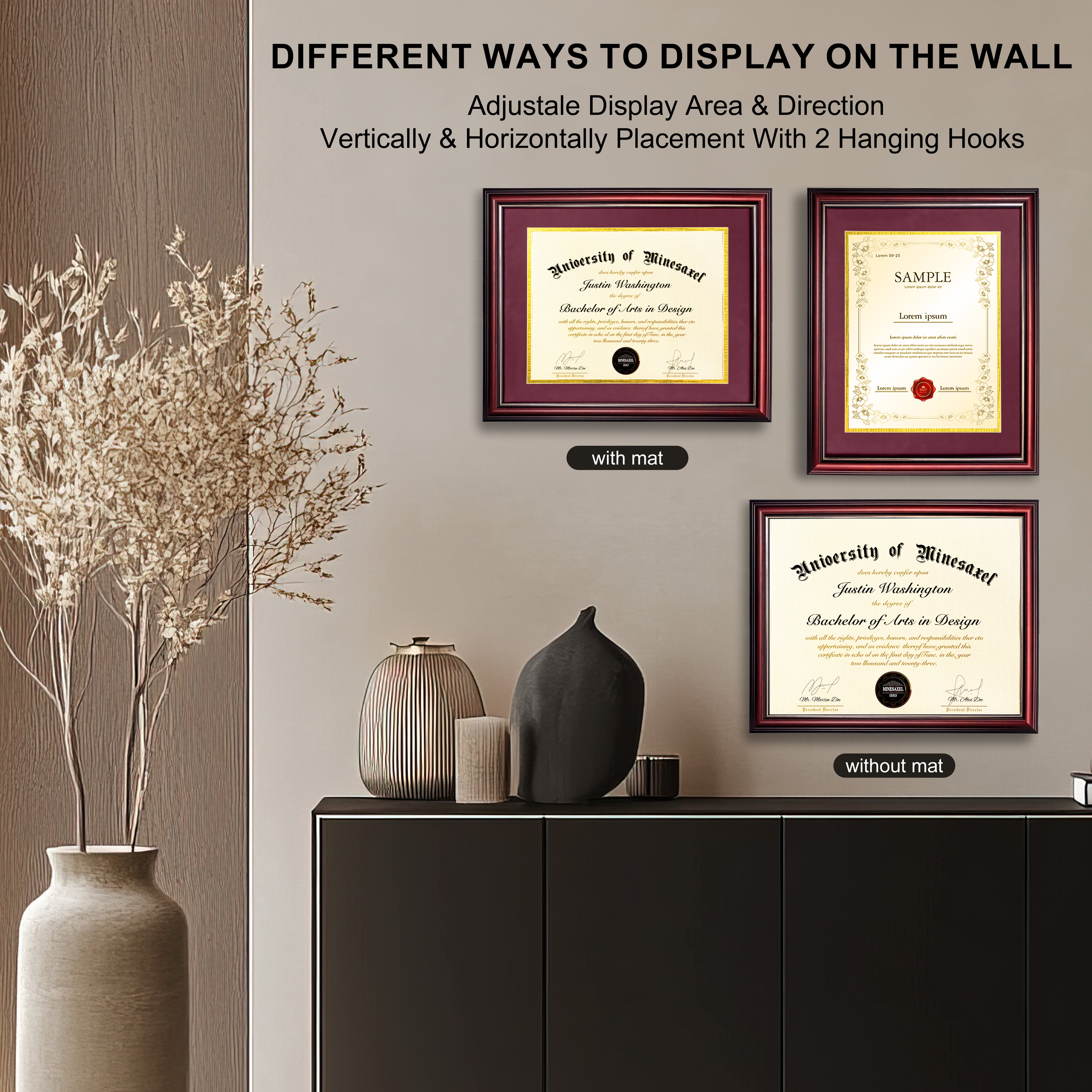 MyGradDay 8.5x11 Diploma Frame with Maroon over Gold Mat or Display 11x14 Document without Mat,Solid Wood & UV Protection Acrylic,Mahogany Degree Certificate Frame