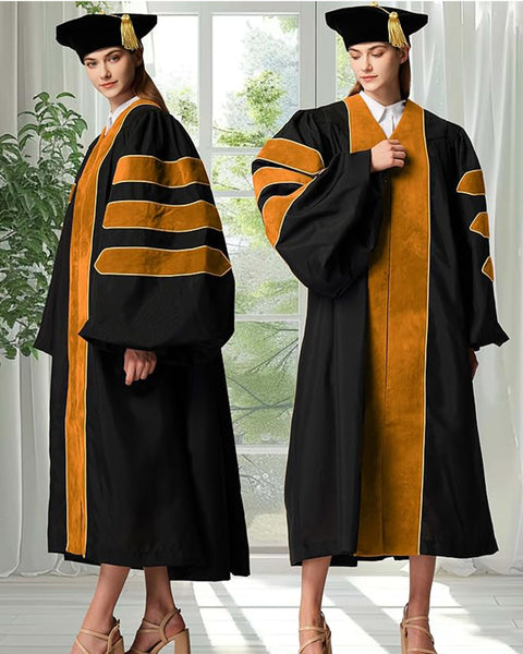 Deluxe Doctoral Graduation Gown with Gold Piping and Doctoral Tam Package (Gold Velvet)