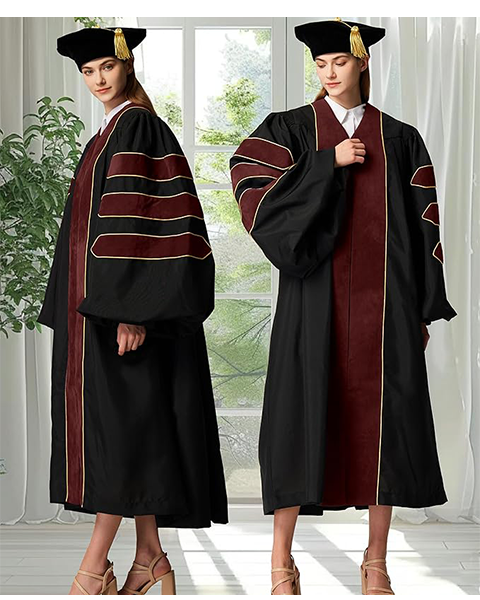 Deluxe Doctoral Graduation Gown with Gold Piping and Doctoral Tam Package (Maroon Velvet)