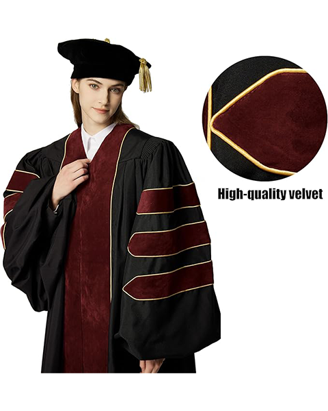 Deluxe Doctoral Graduation Gown with Gold Piping and Doctoral Tam Package (Maroon Velvet)