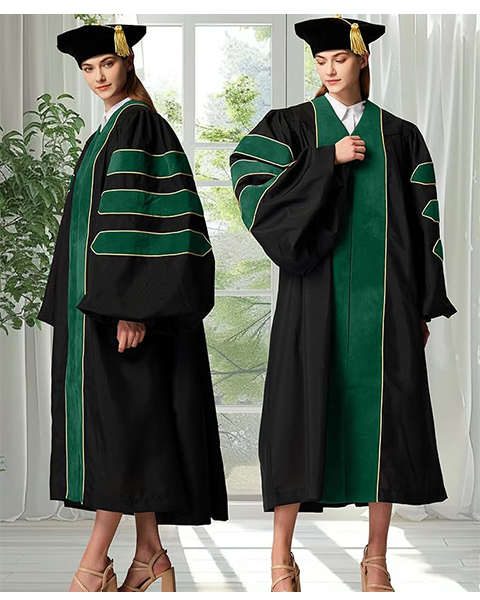 Deluxe Doctoral Graduation Gown with Gold Piping and Doctoral Tam Package (Emerald Green Velvet)