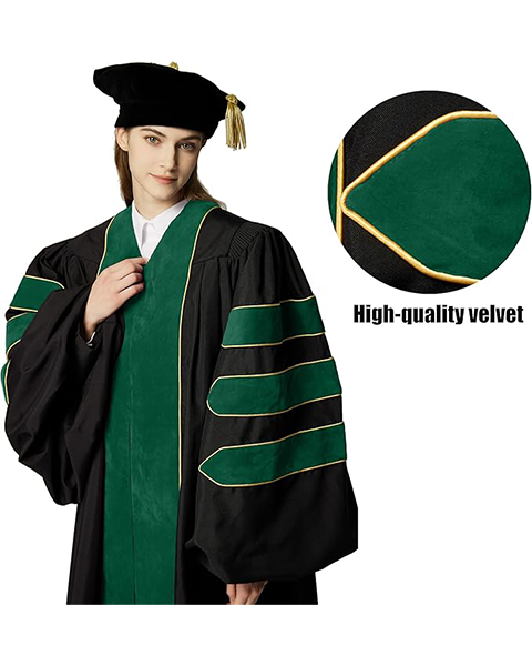 Deluxe Doctoral Graduation Gown with Gold Piping and Doctoral Tam Package (Emerald Green Velvet)